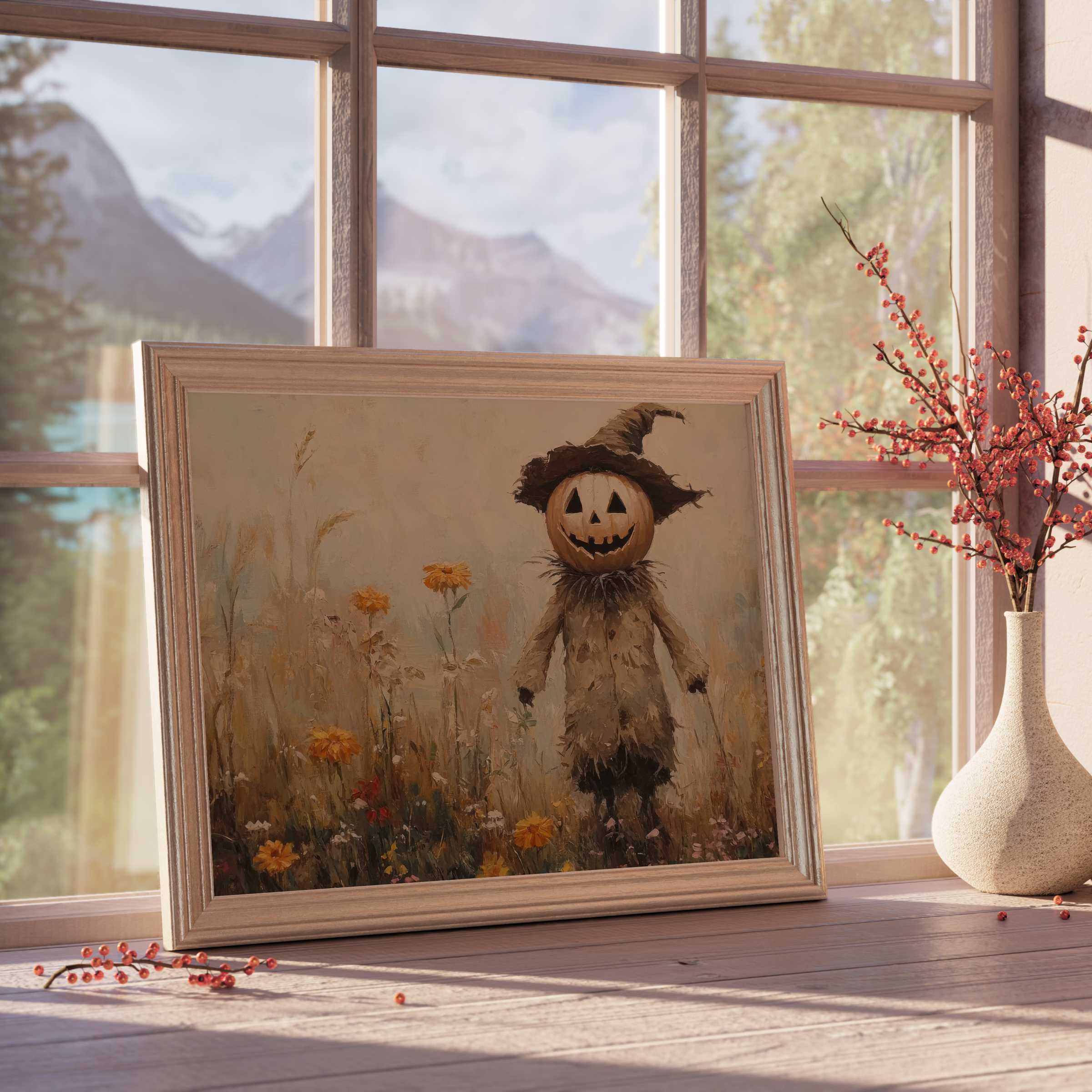 Halloween downloadable art featuring a whimsical pumpkin scarecrow in muted fall florals, enhancing serene, elegant interiors