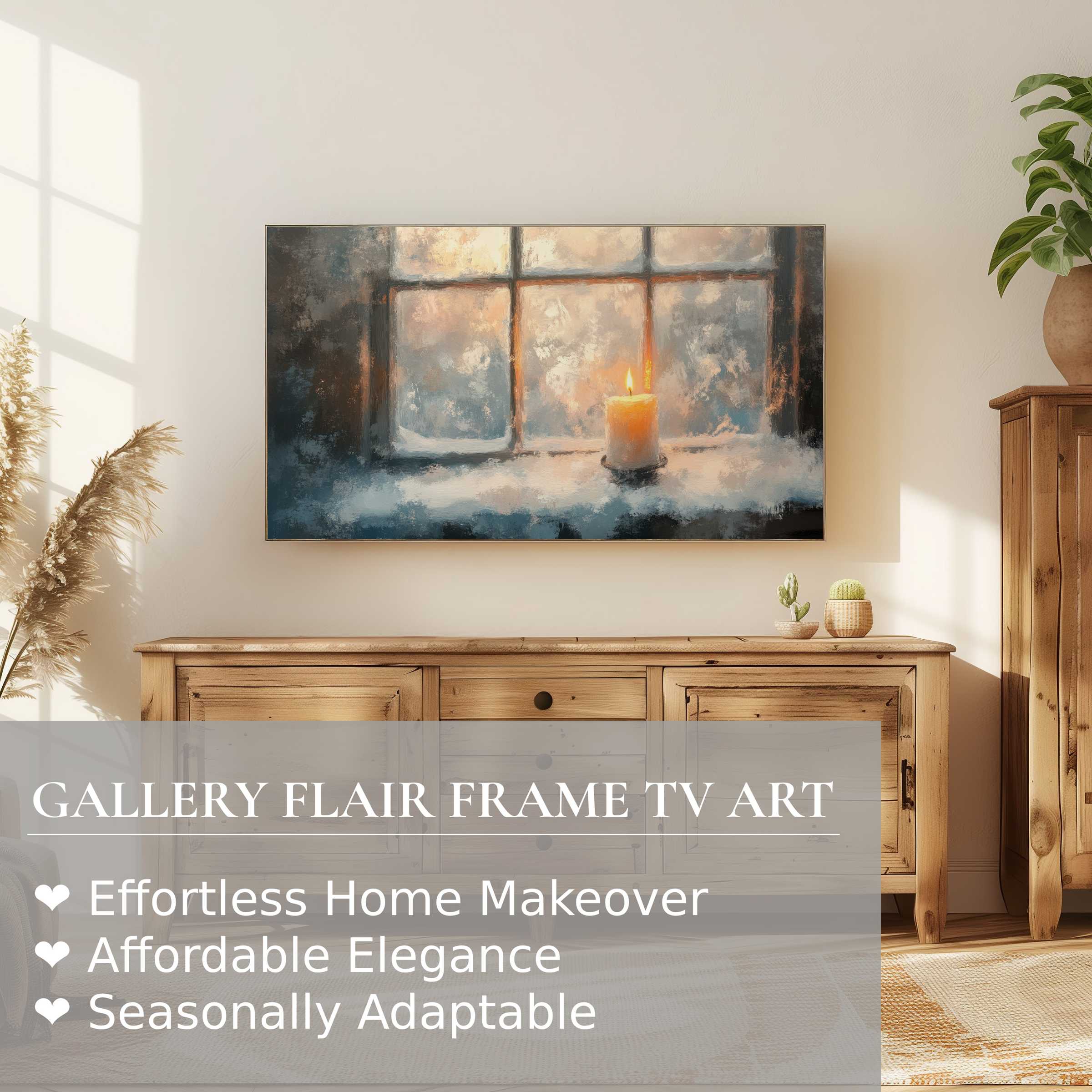 Samsung Frame TV displaying serene winter digital artwork of a glowing candle by frosted window in warm, modern space