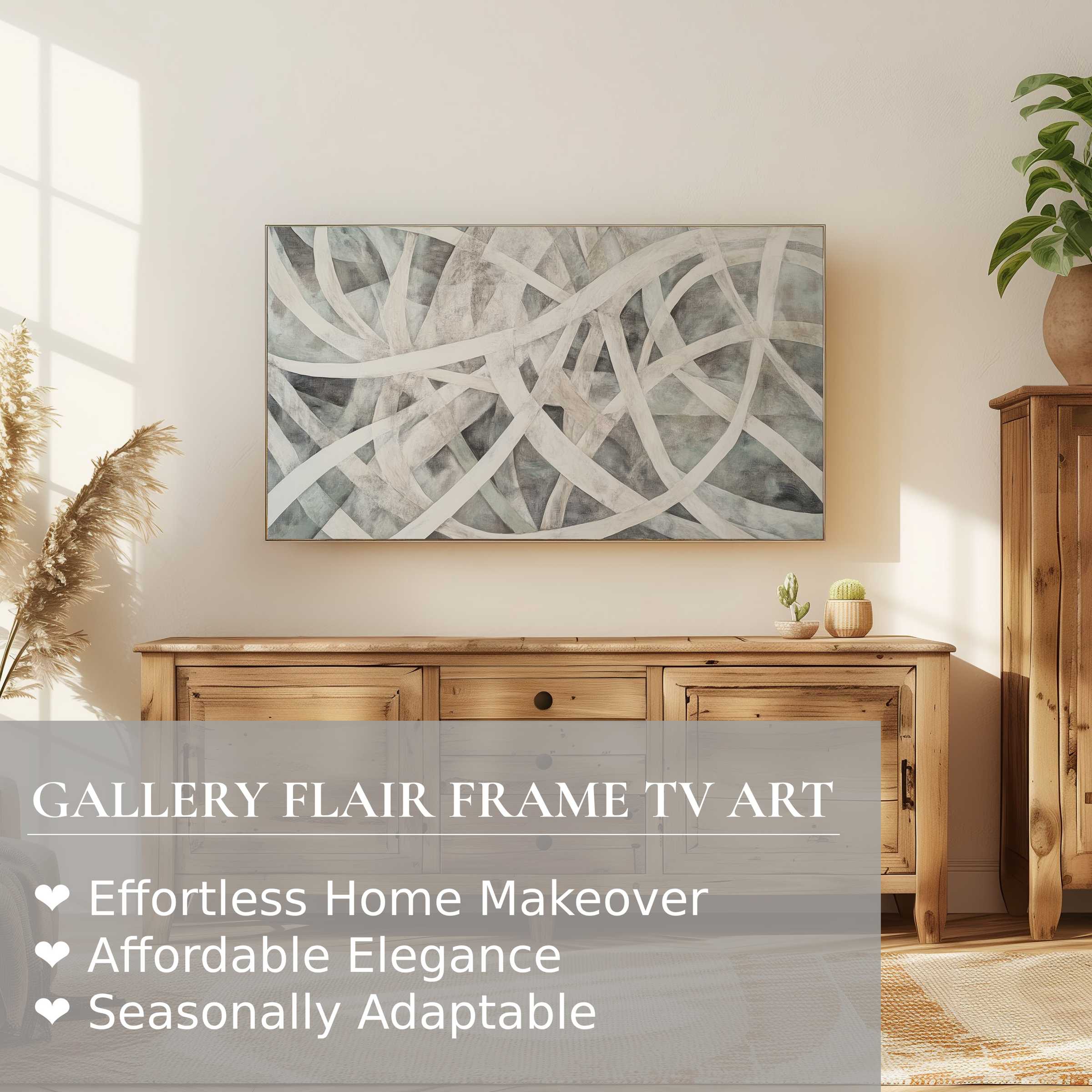 Modern living room with warm wood, Samsung Frame TV displaying abstract digital artwork in soft neutral tones