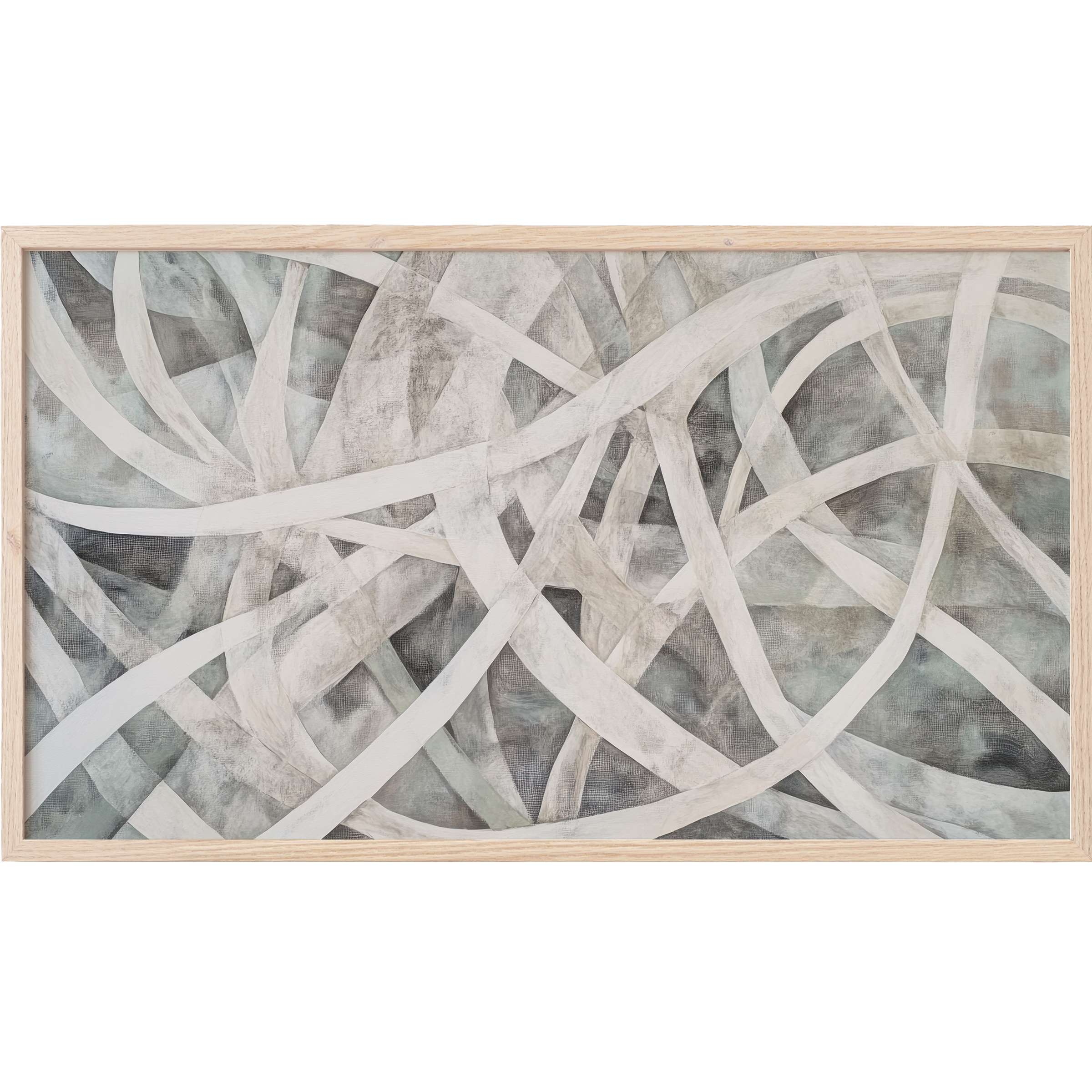 Abstract Frame TV Art with intertwined soft white, gray, and muted teal curves in a sleek, modern design