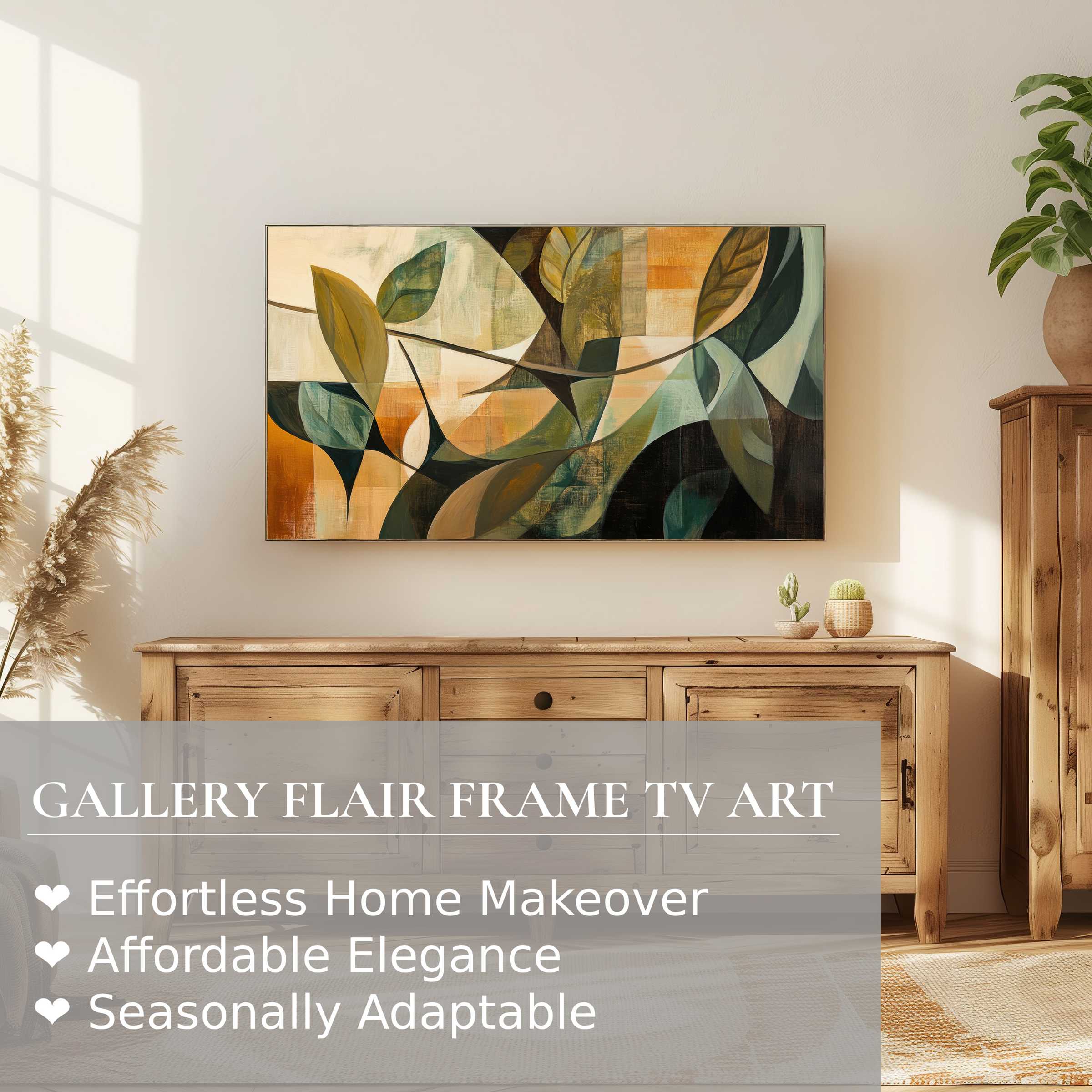 Samsung Frame TV showcases modern digital artwork with abstract leaf motifs in a warm, elegant living space