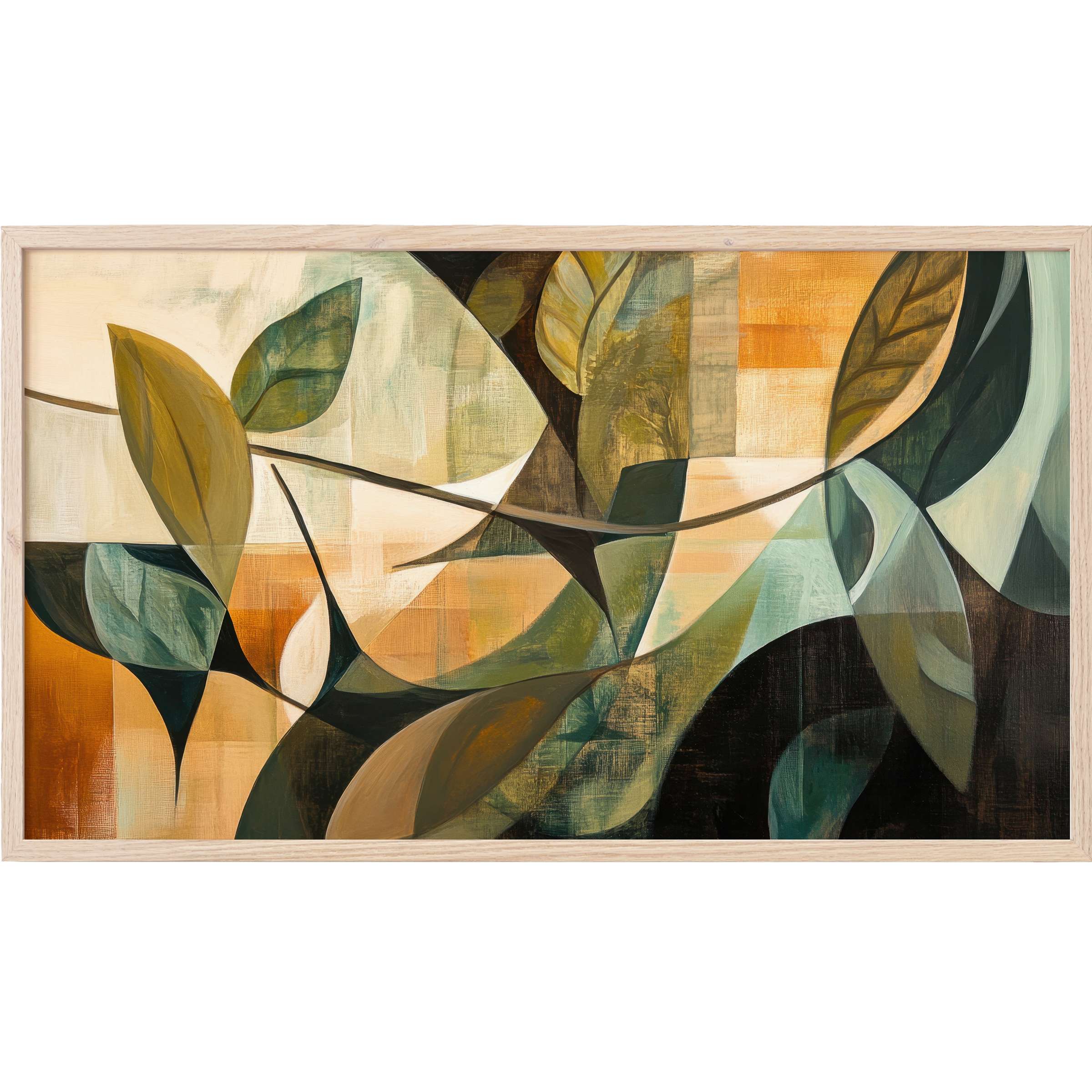 Abstract leafy composition in muted earth tones with layered shapes, a stunning modern Frame TV Art for refined interiors