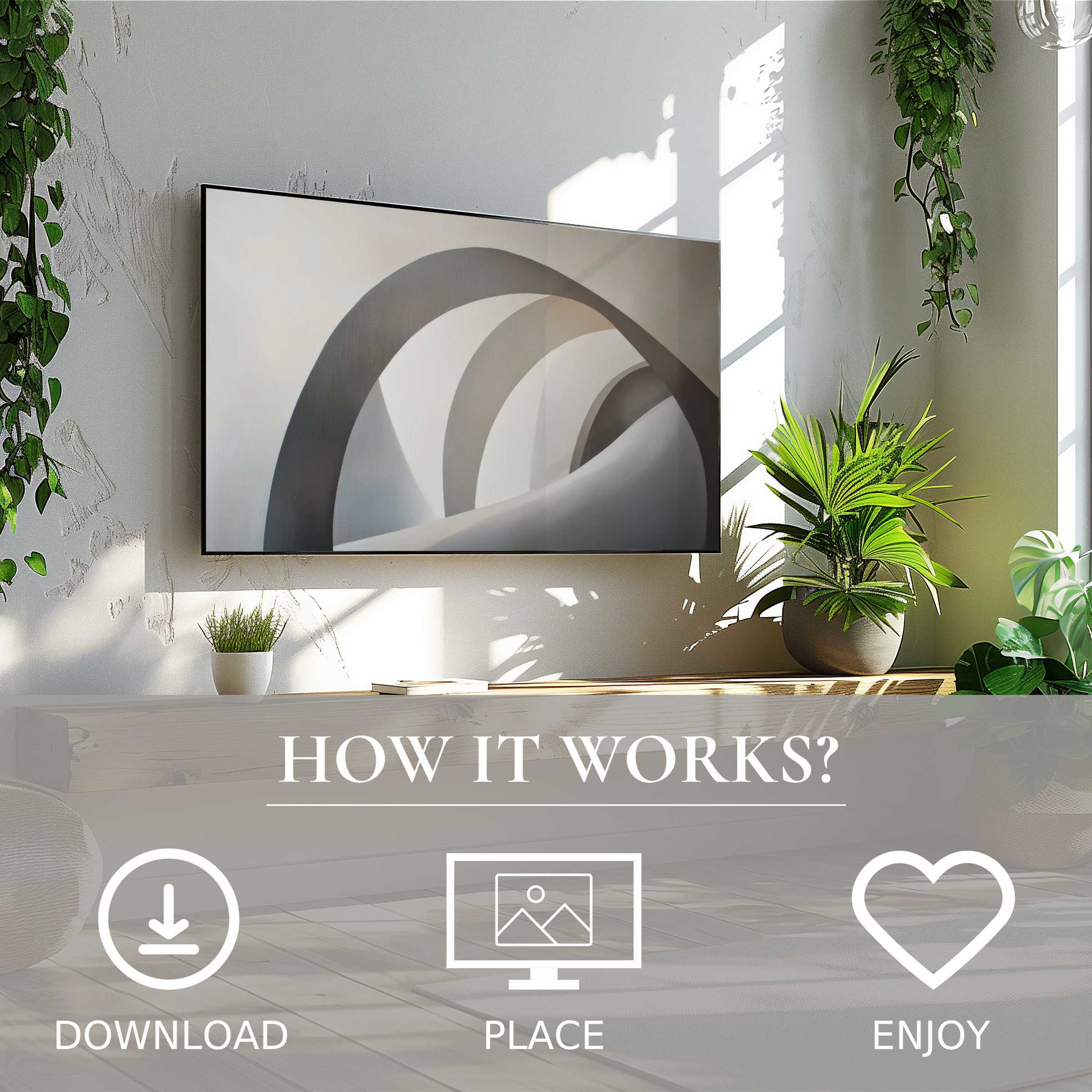 Neutral art for Samsung TV showing soft gray arches, easy digital download enriching modern living spaces