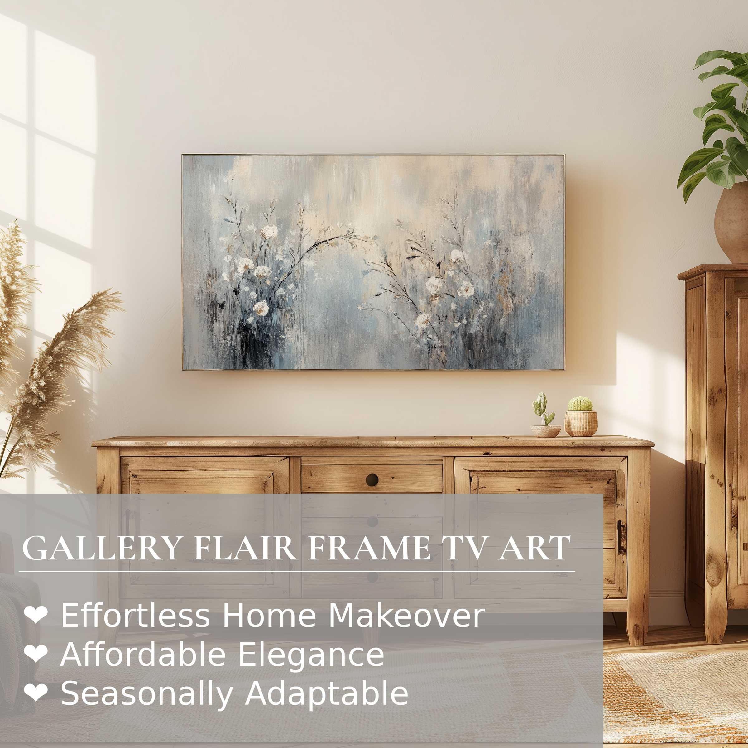 Modern living room with wooden furniture, Samsung Frame TV showcasing subtle botanical digital artwork in soft neutral tones