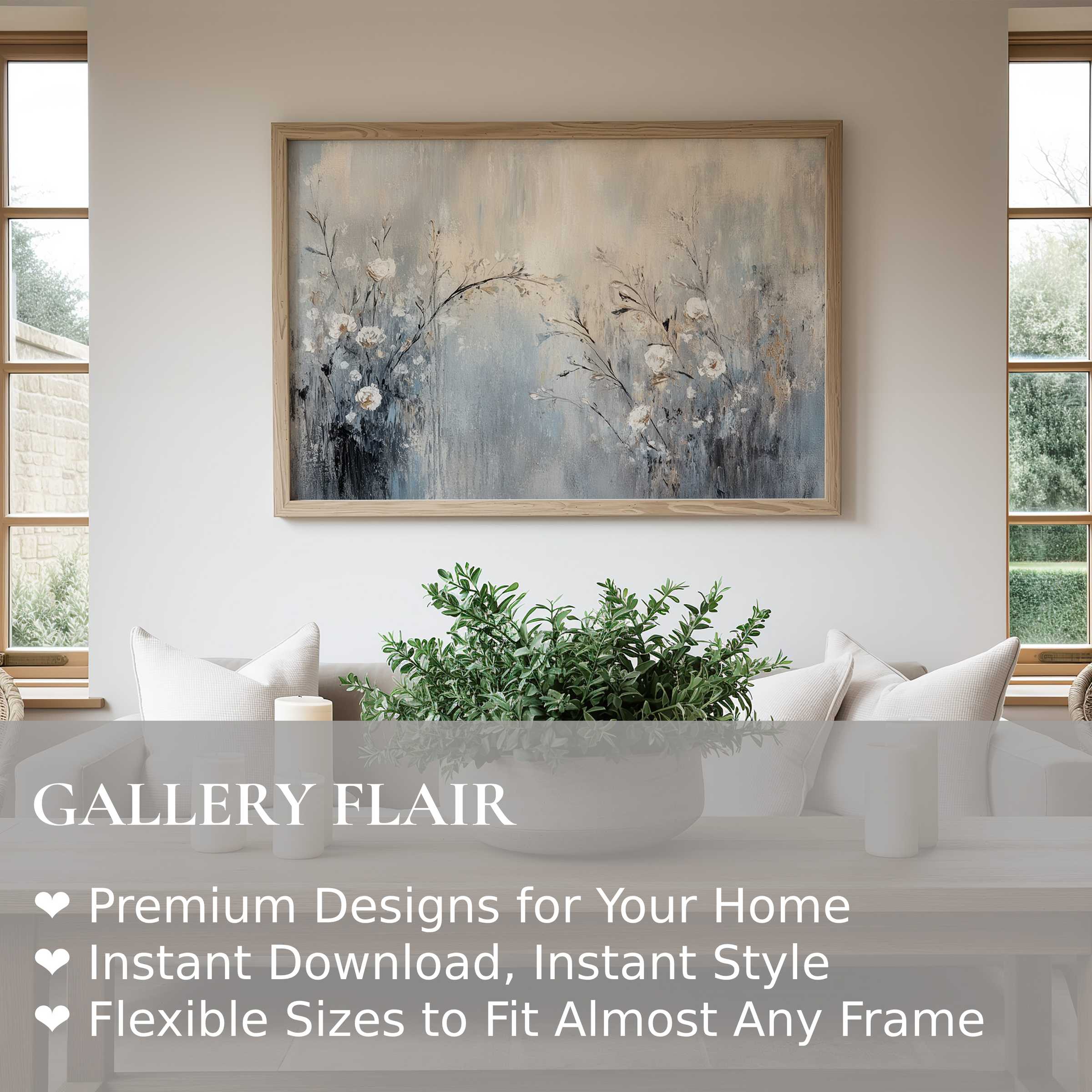 Botanical wall art print with soft white blooms and muted blues enhances serene, modern living spaces with calming elegance