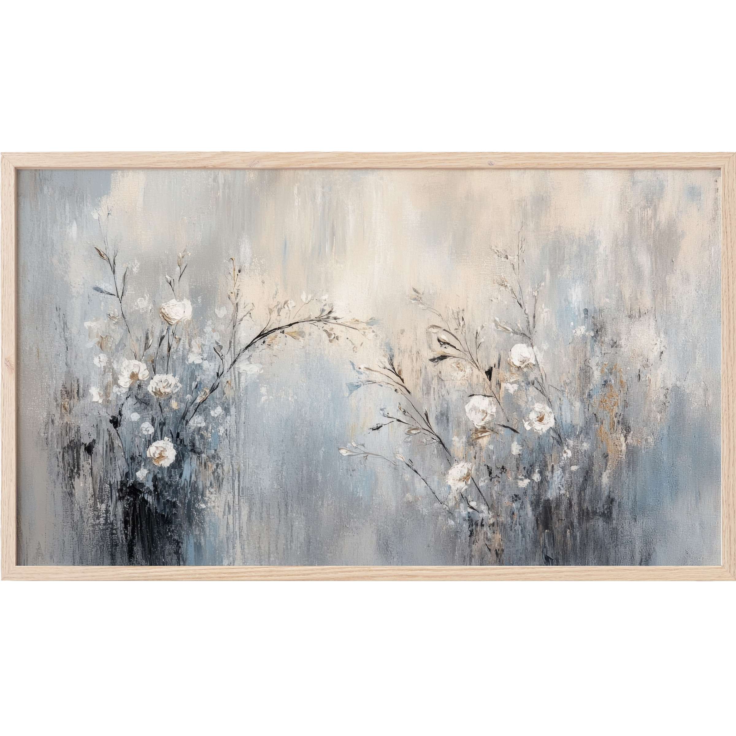 Soft, muted floral brushstrokes in blues and creams create serene botanical Frame TV Art with modern elegance