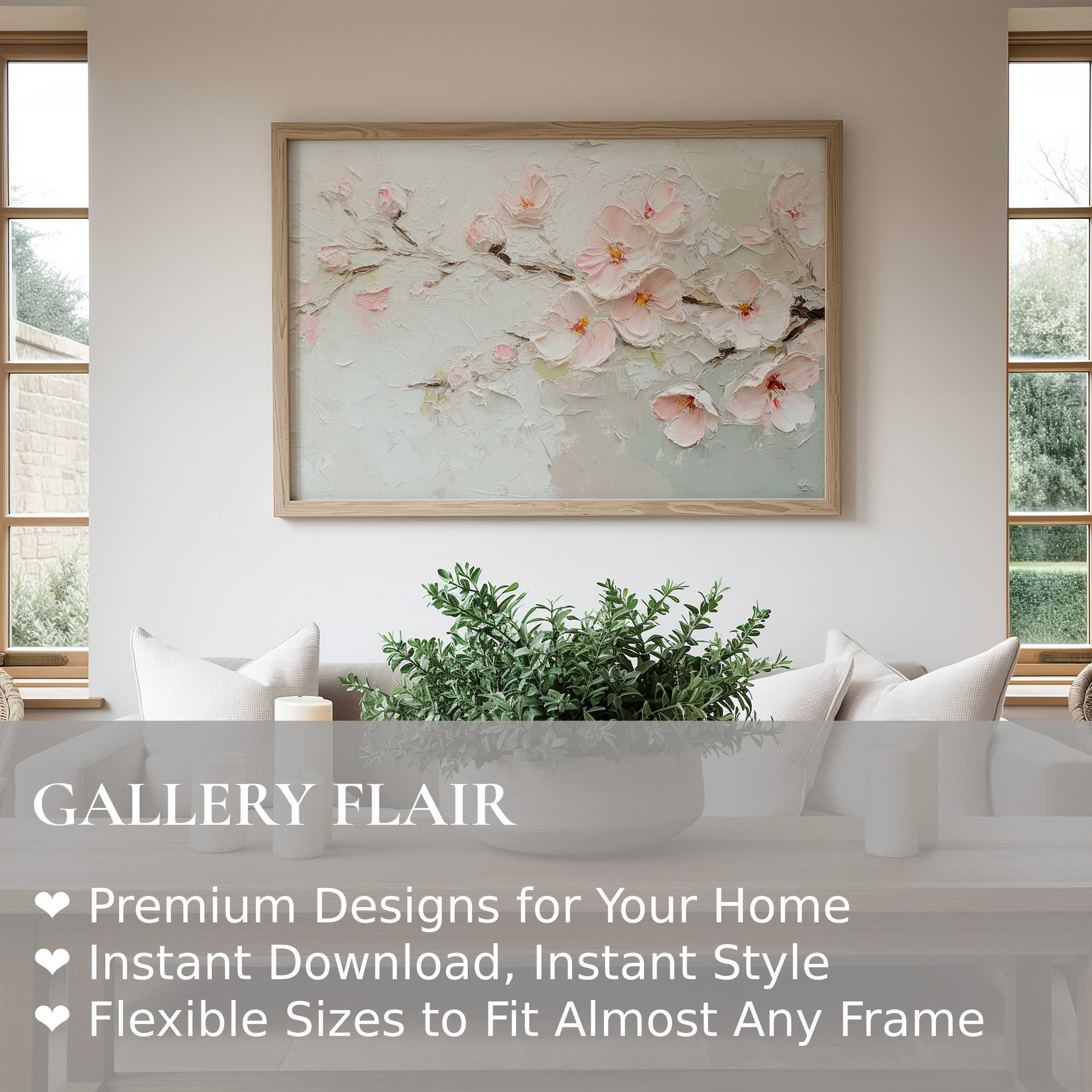 Elegant spring wall art print featuring soft pink blossoms with textured brushstrokes, enhancing serene, modern farmhouse interiors