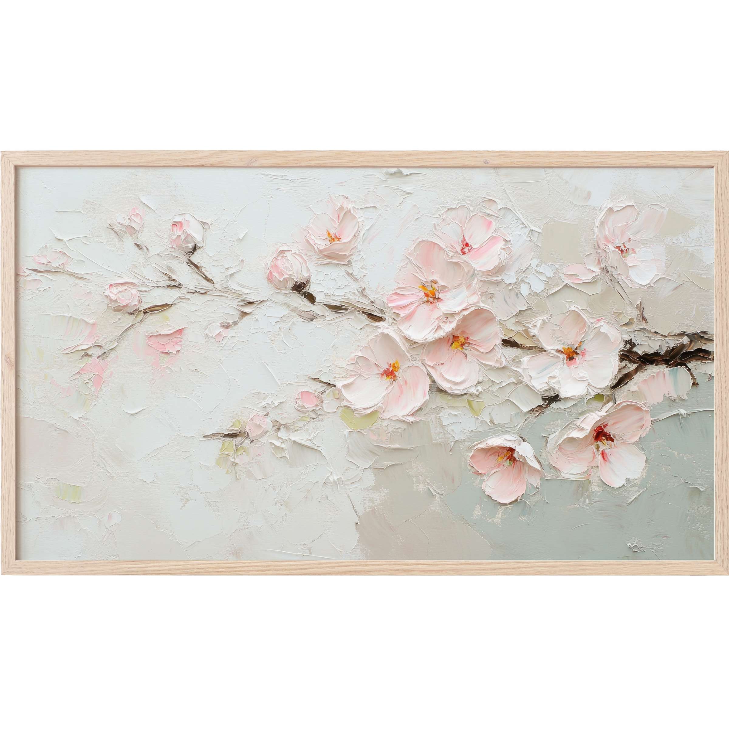 Elegant textured artwork of soft pink blossoms on muted beige background, perfect spring Frame TV Art for sophisticated spaces