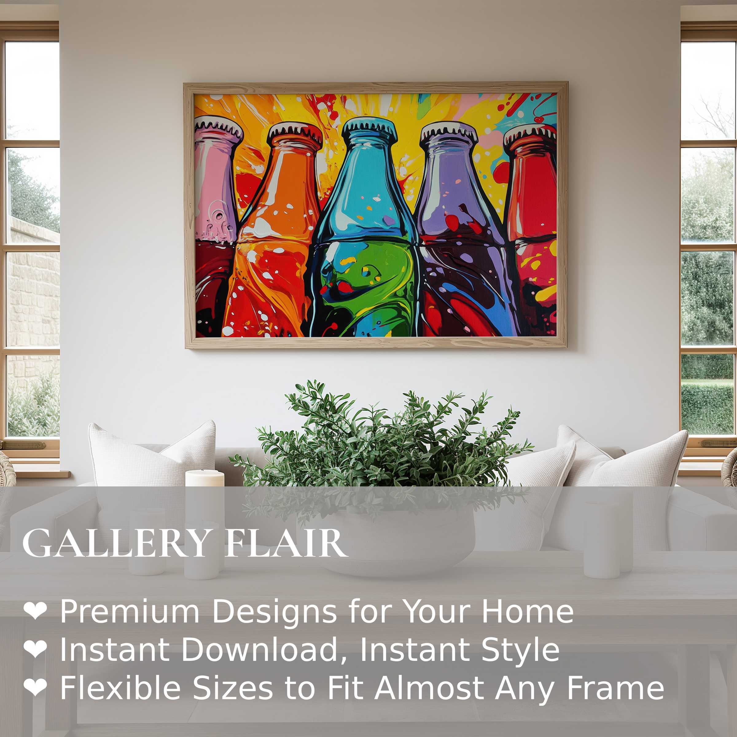 Vibrant pop art wall art print featuring colorful soda bottles with bold splashes, energizing a sleek, modern living space
