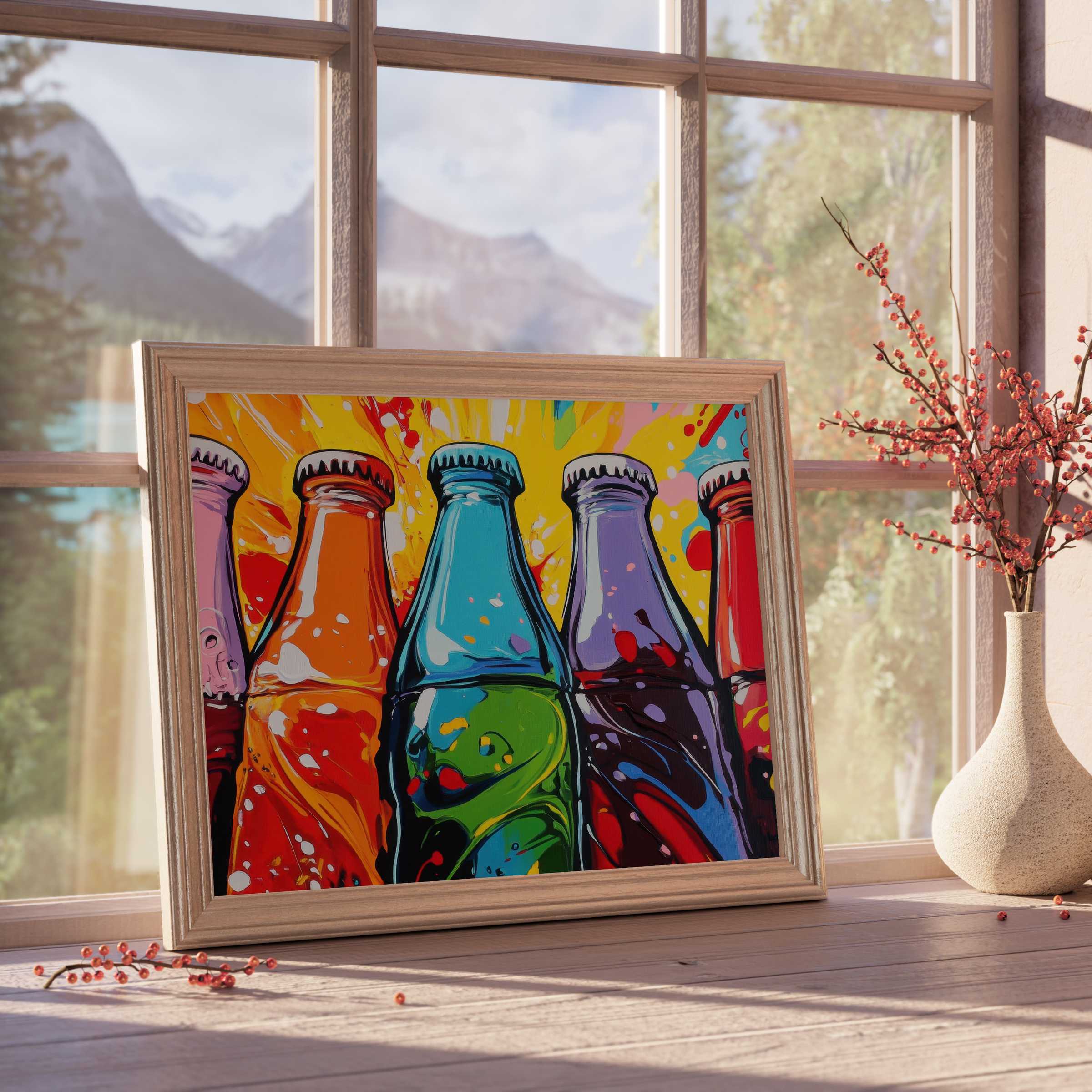Vibrant pop art downloadable art featuring colorful soda bottles, infusing curated, lively elegance into modern, design-forward interiors