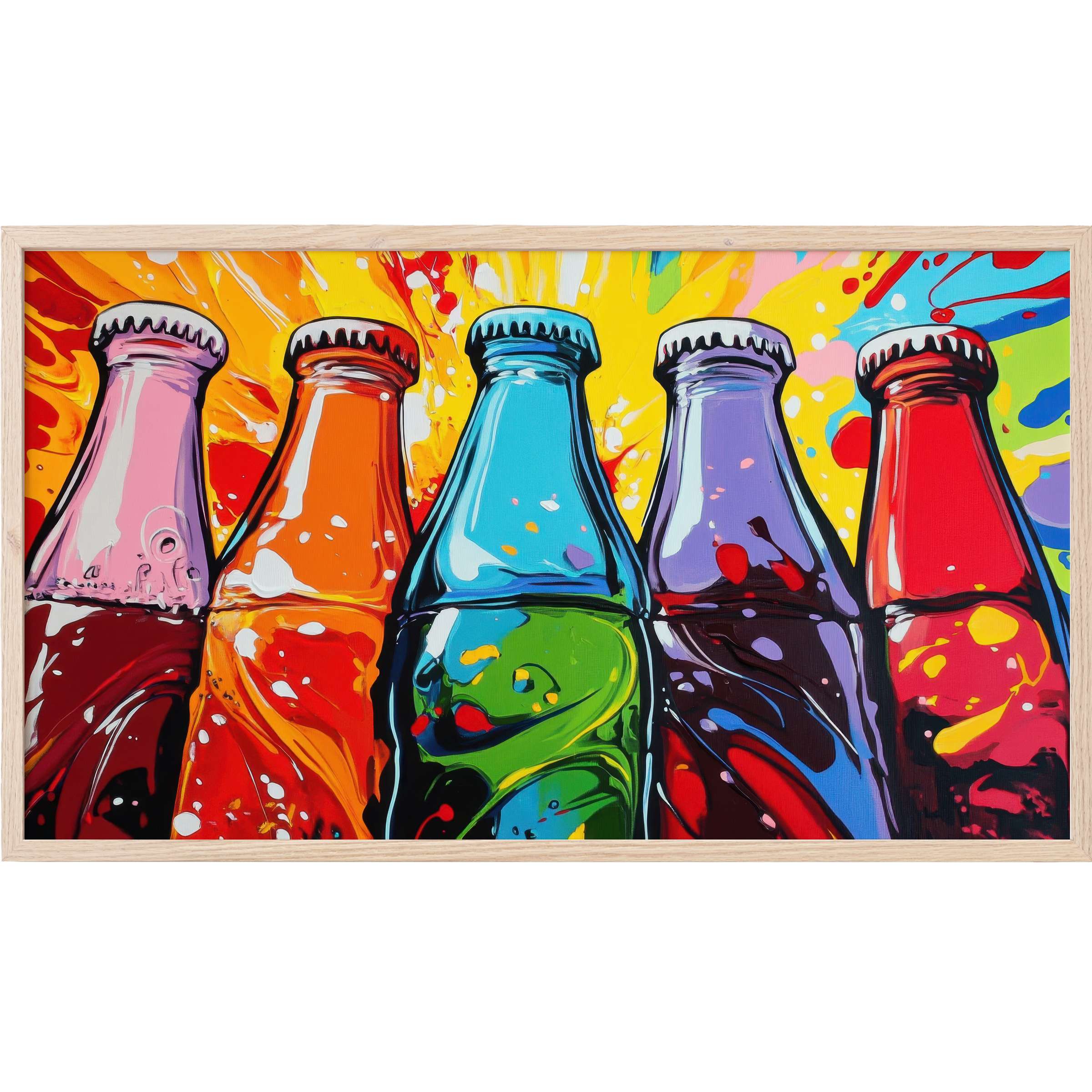Vibrant pop art Frame TV Art of colorful soda bottles with dynamic splashes in an elegant modern setting