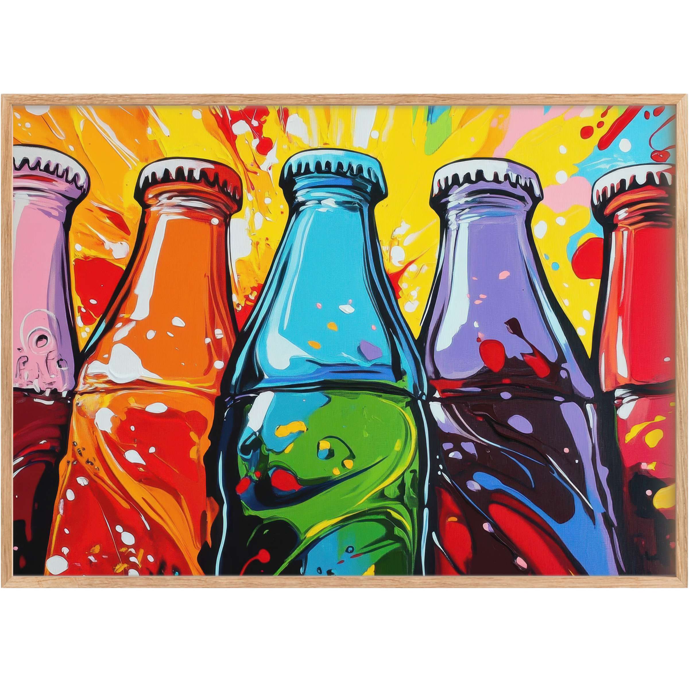 Vibrant pop art printable wall art featuring bold, colorful soda bottles with a radiant burst of yellow, orange, and red, igniting a lively, energetic ambiance that elevates any modern, style-savvy space