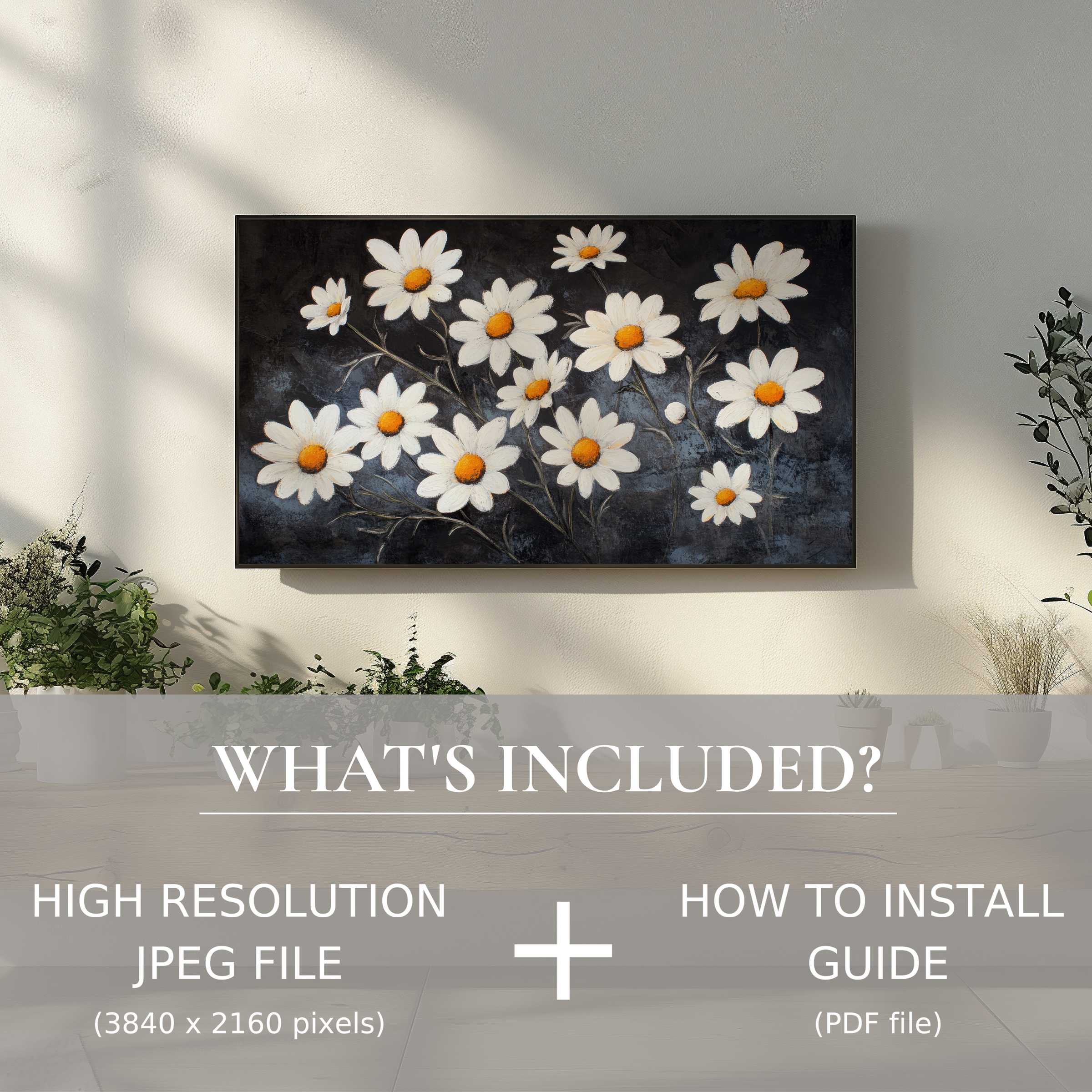 Elegant living room showcases floral digital TV art download with easy use, enhancing stylish modern spaces