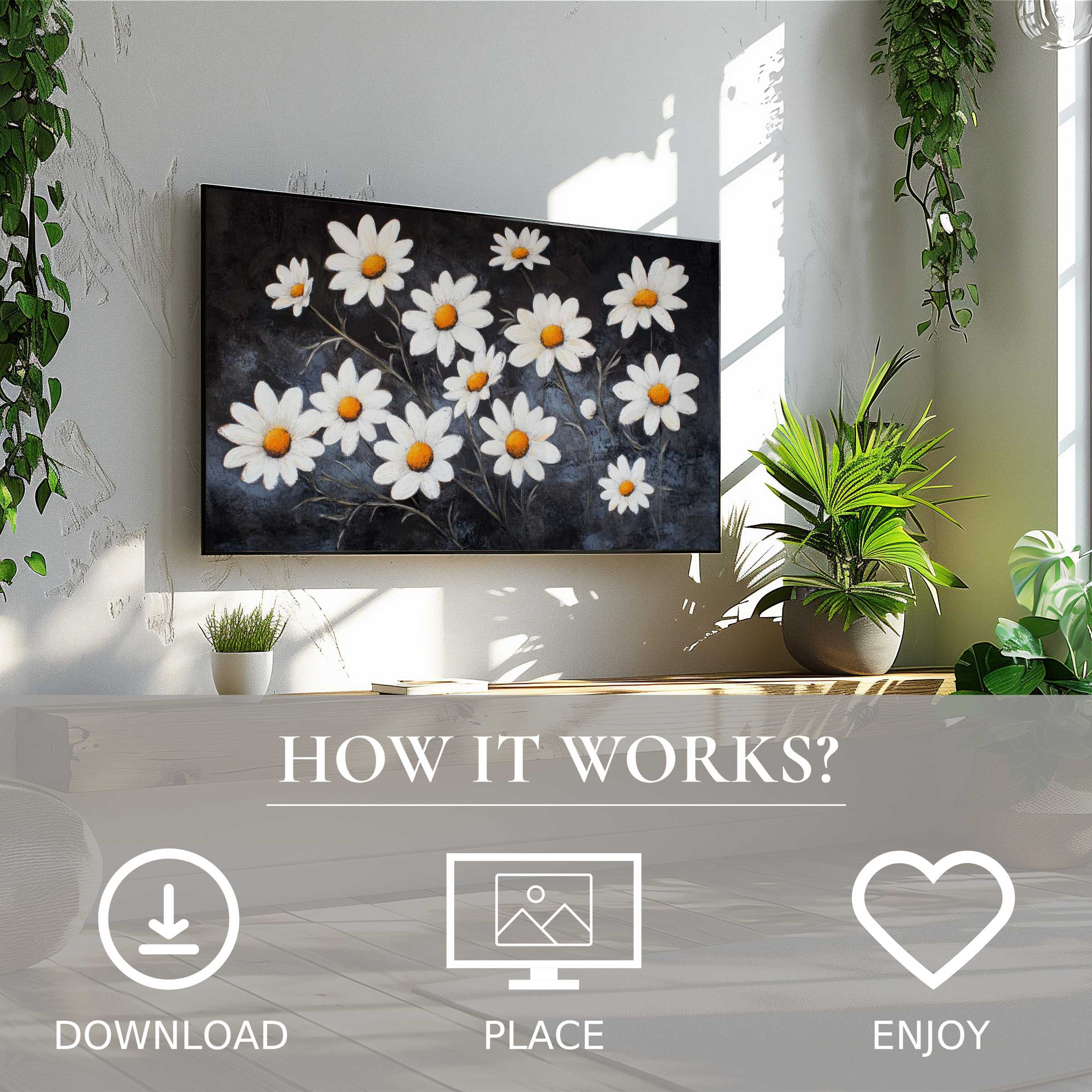 Floral art for Samsung TV with daisies on dark backdrop; digital download enhances modern living space style