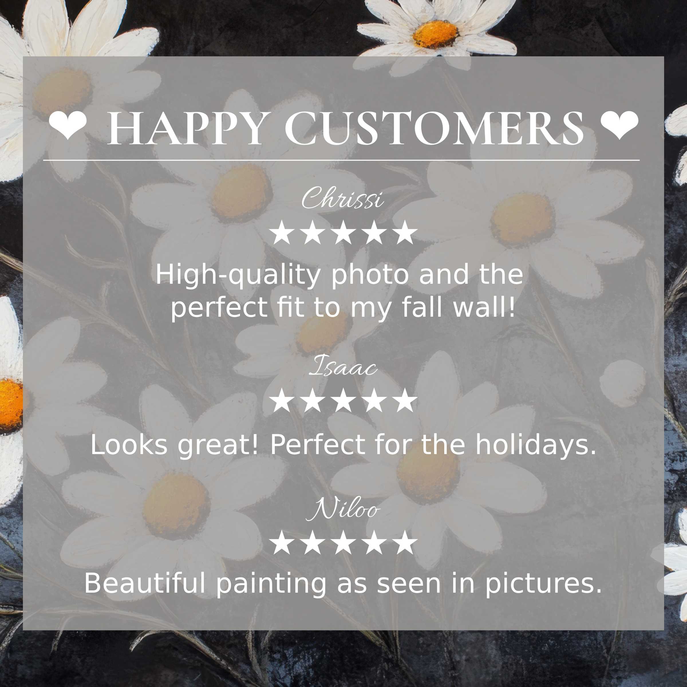 Elegant floral art for Frame TV with daisies overlay; happy customer reviews build trust and highlight refined style