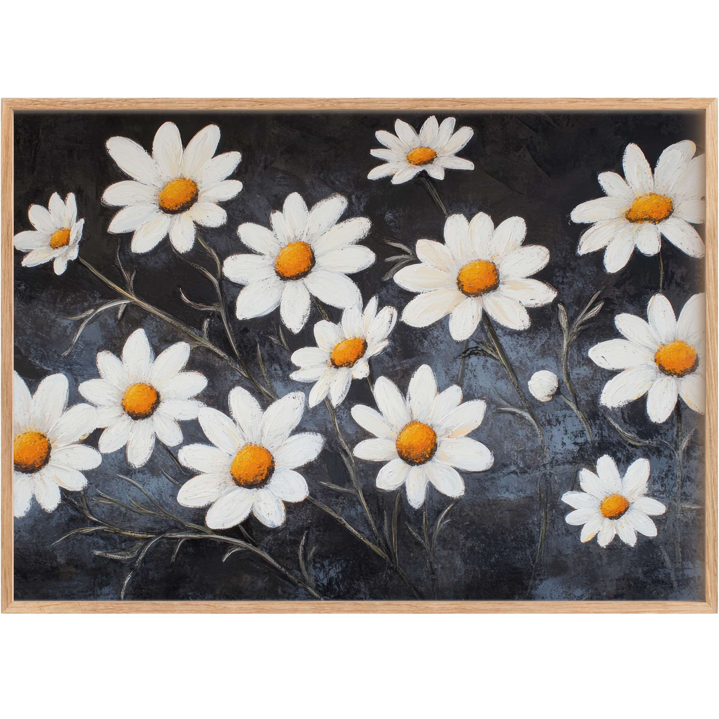 Elegant floral printable wall art featuring bright daisies on a deep charcoal background, radiating serene warmth and timeless charm
