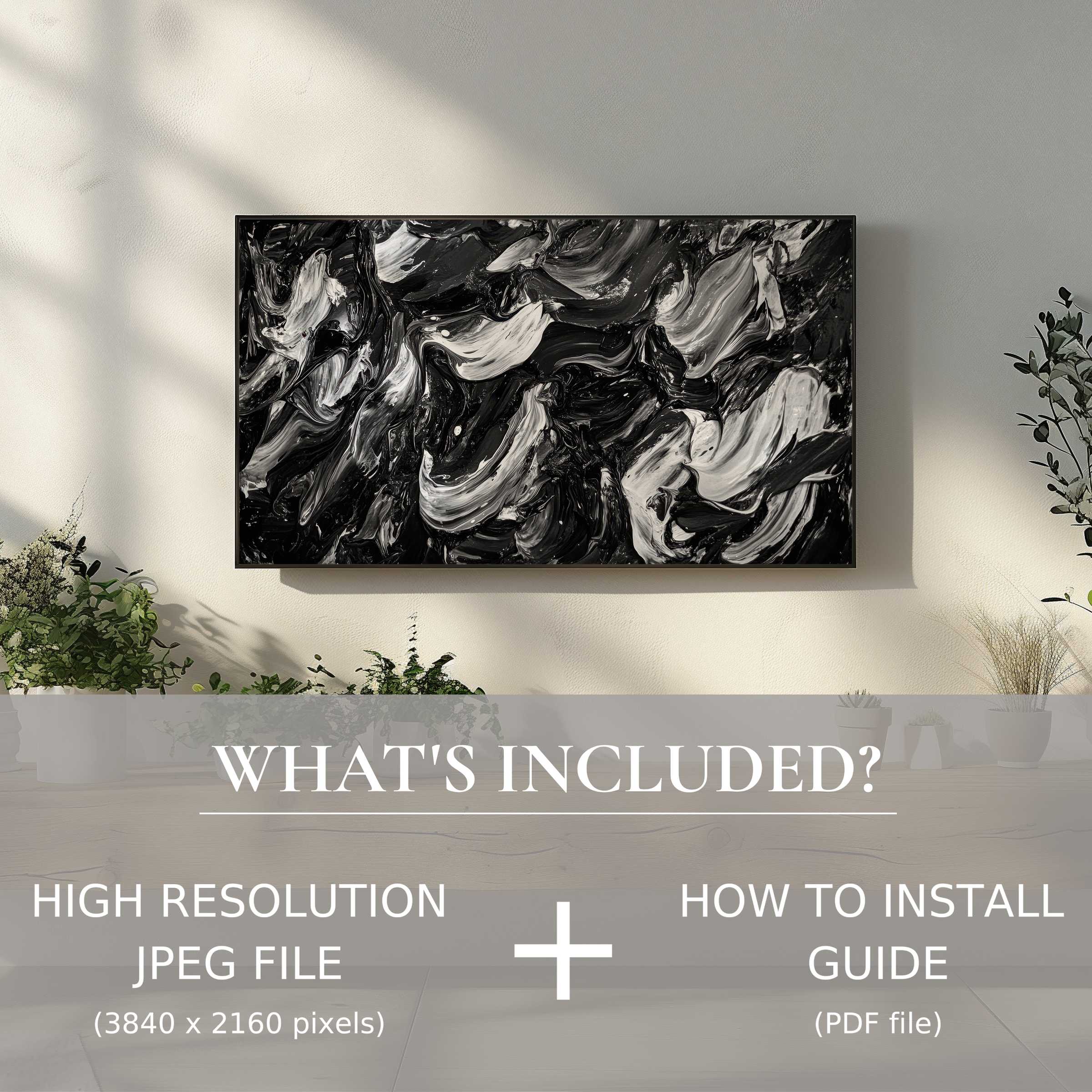 Elegant living space with black and white digital TV art download, easy digital use enhances modern décor