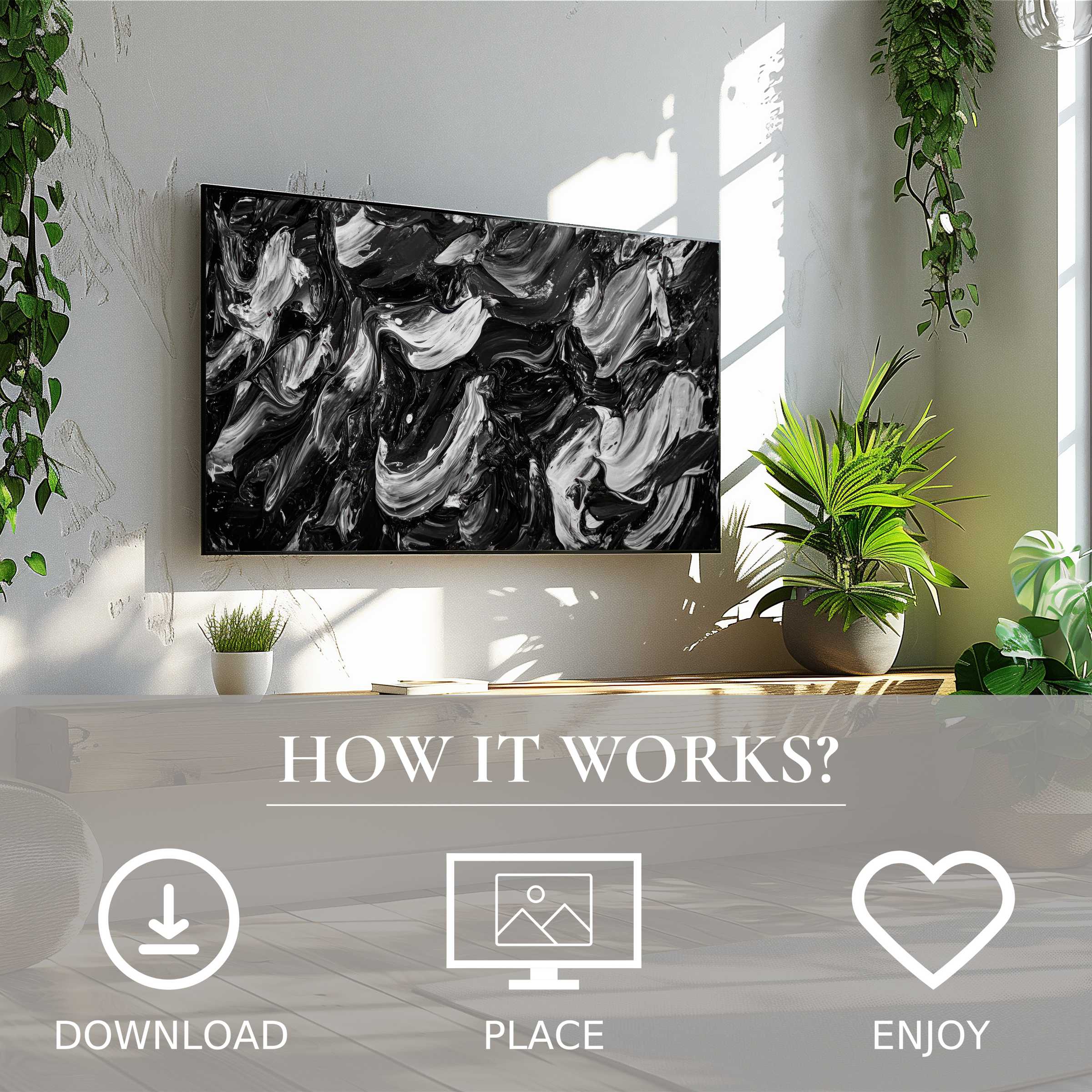 Black and white art for Samsung TV featuring fluid abstract swirls, easy digital download enriches modern living spaces