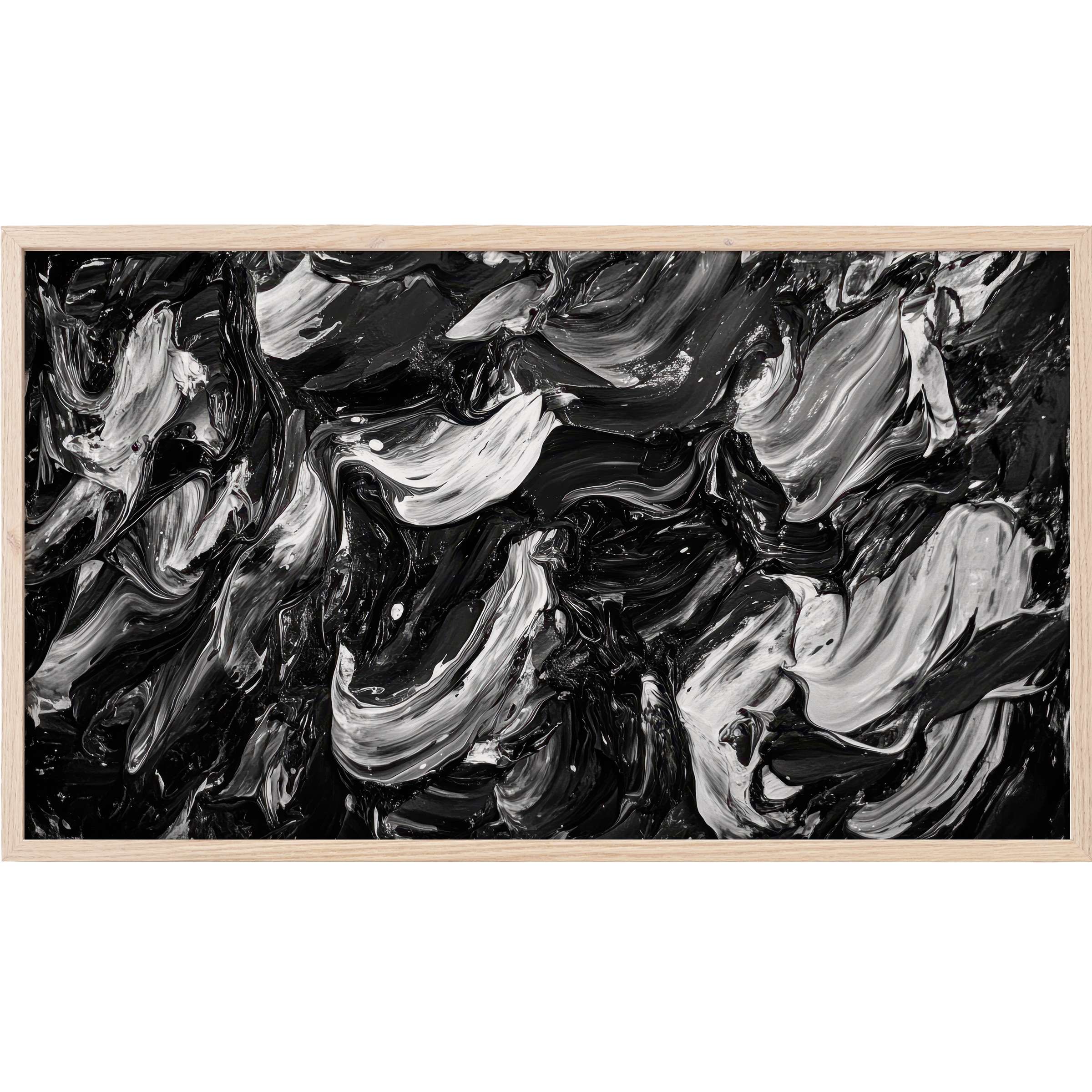 Dynamic black and white brushstrokes swirl in this bold, modern black and white Frame TV Art for stylish spaces