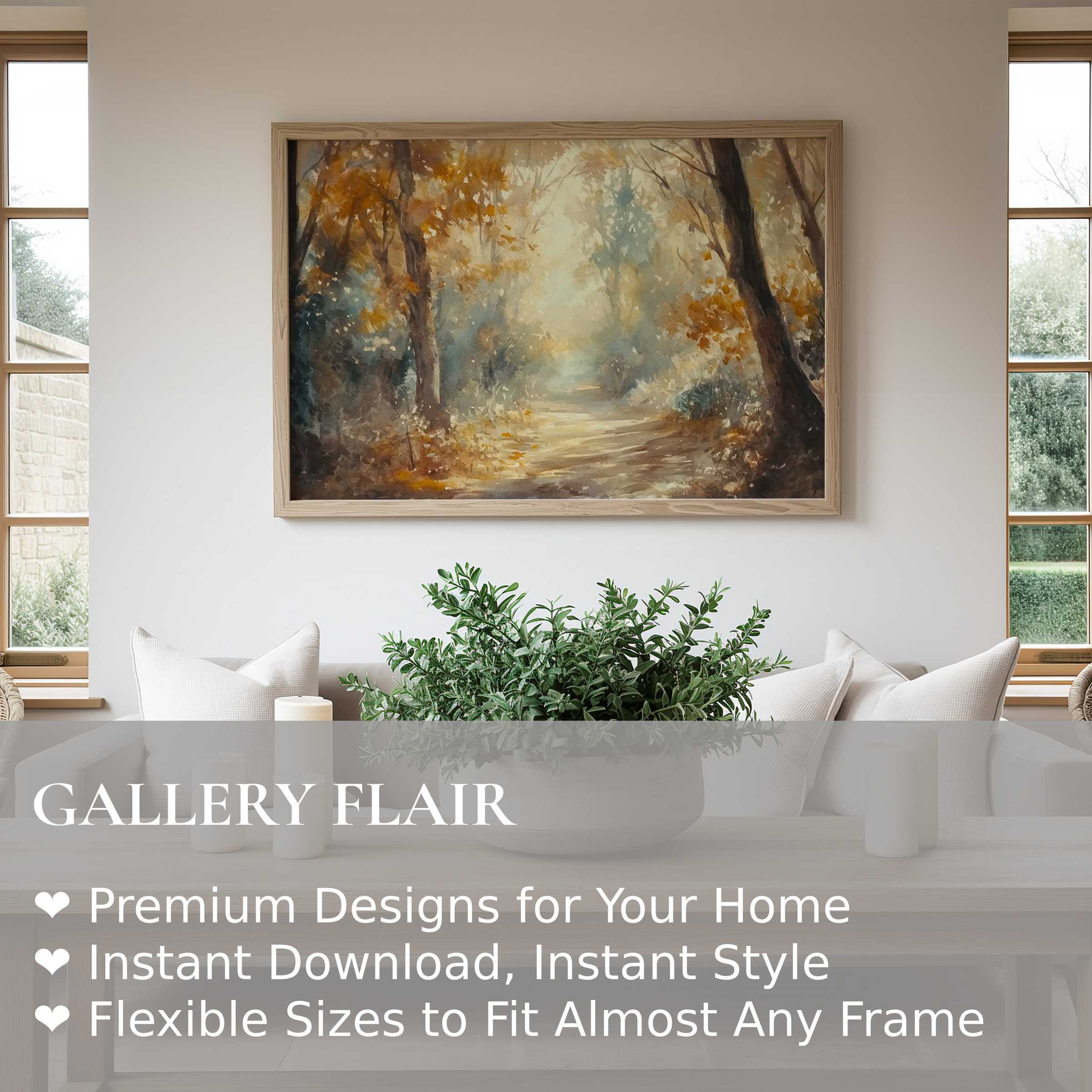Radiant fall wall art print with golden hues, enhancing modern minimalist interiors with a serene, inviting autumn forest scene