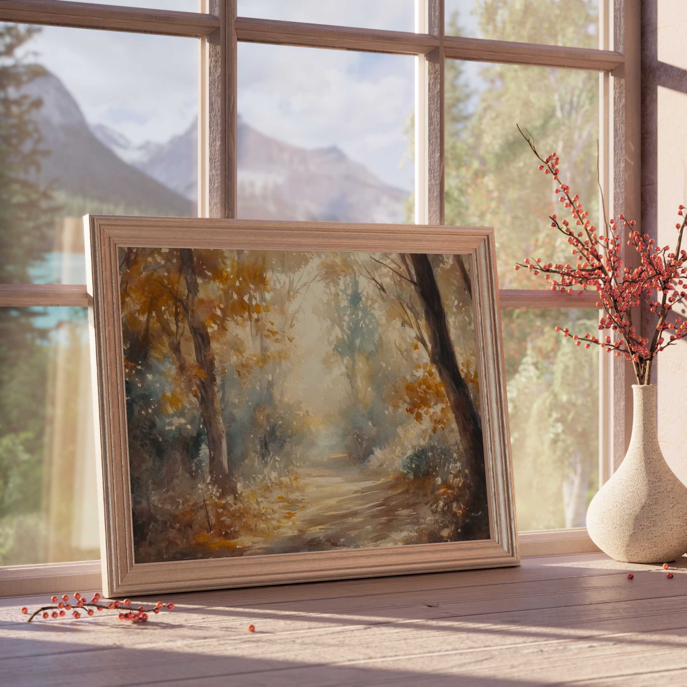 Warm and tranquil fall downloadable art in earthy tones, elevating curated interiors with serene woodland charm and soft natural light