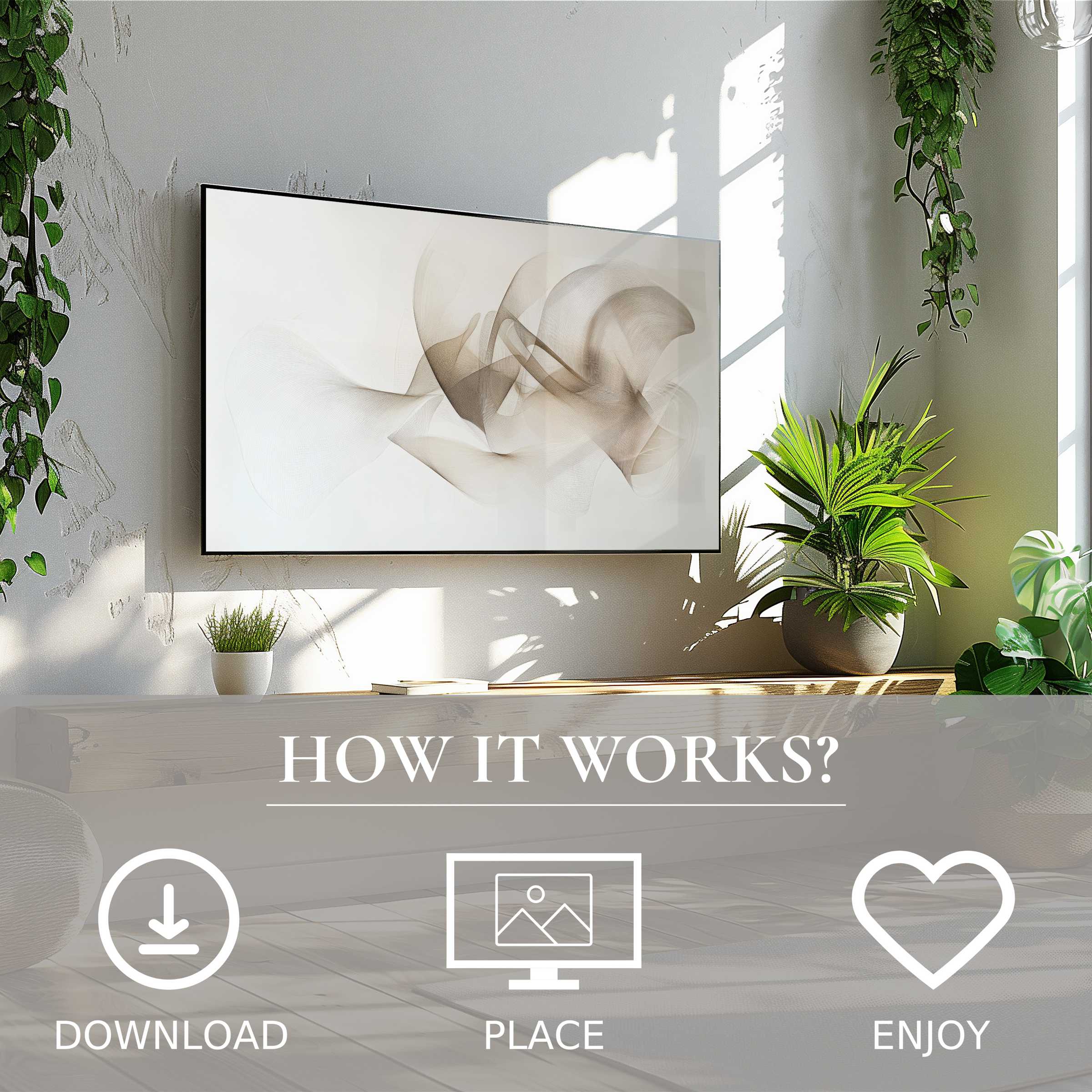 Minimalist art for Samsung TV with soft beige color flow, easy digital download enhances modern living spaces