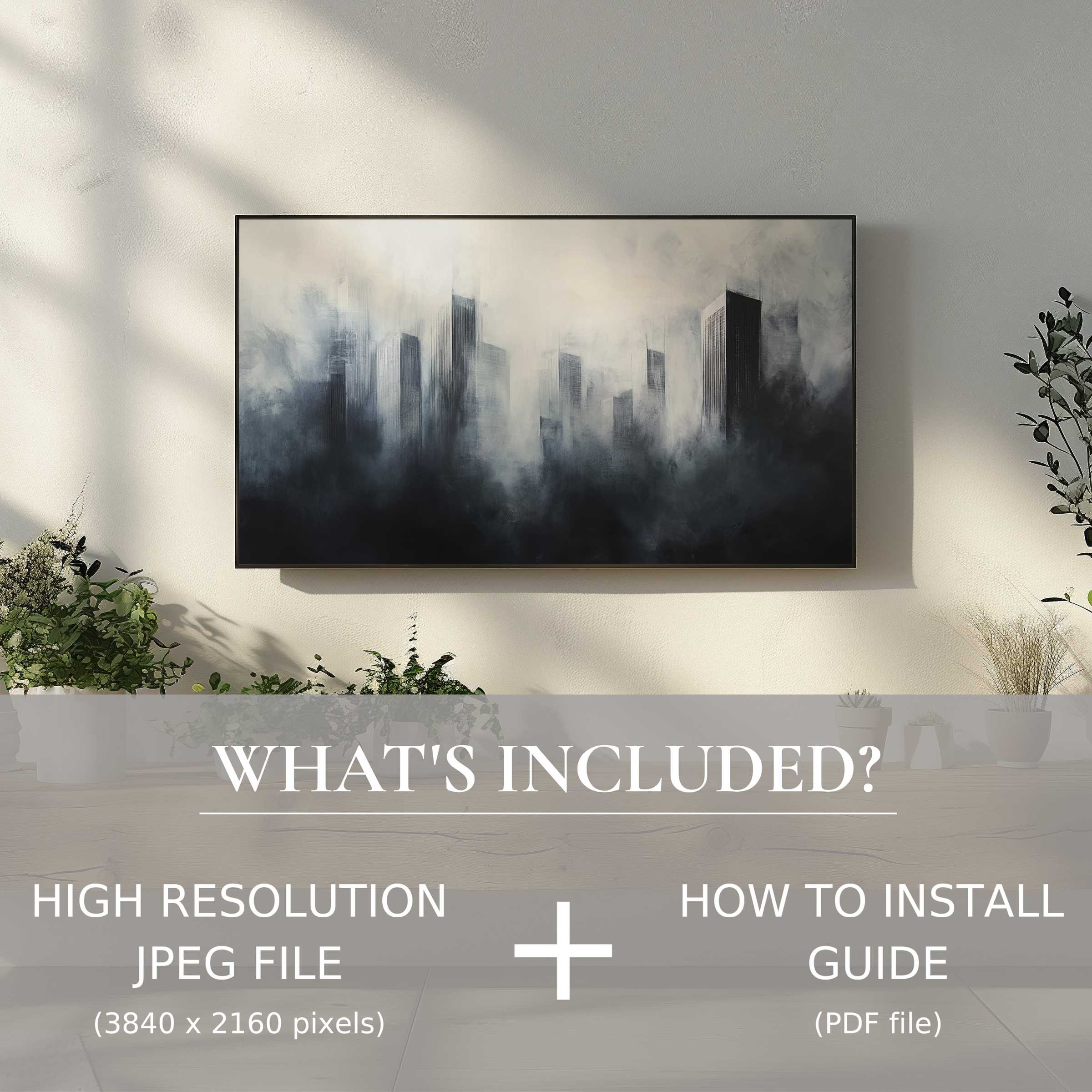 Elegant urban digital TV art download, easy to use, enhances modern living spaces with atmospheric cityscape