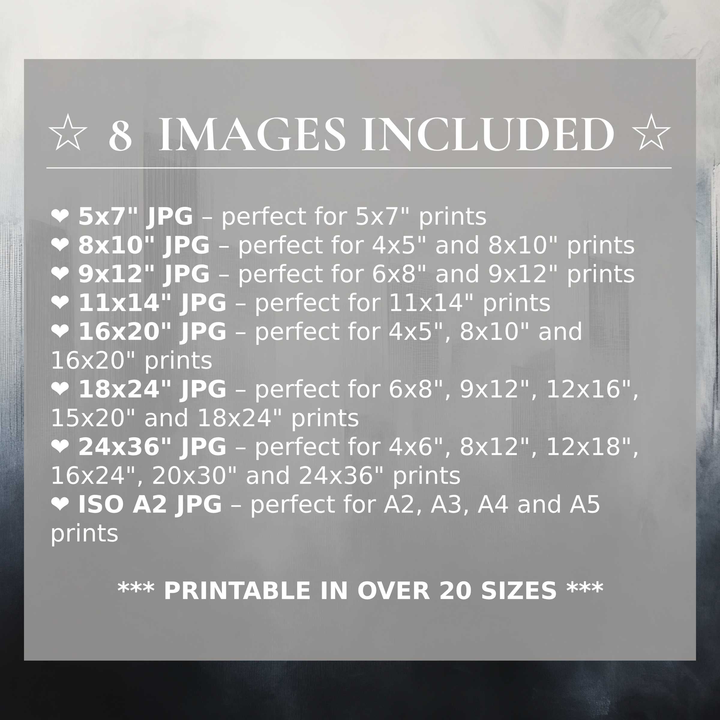 Urban digital print with radiant greys and calming subtle tones, elevating modern interiors in 8 included high-quality sizes