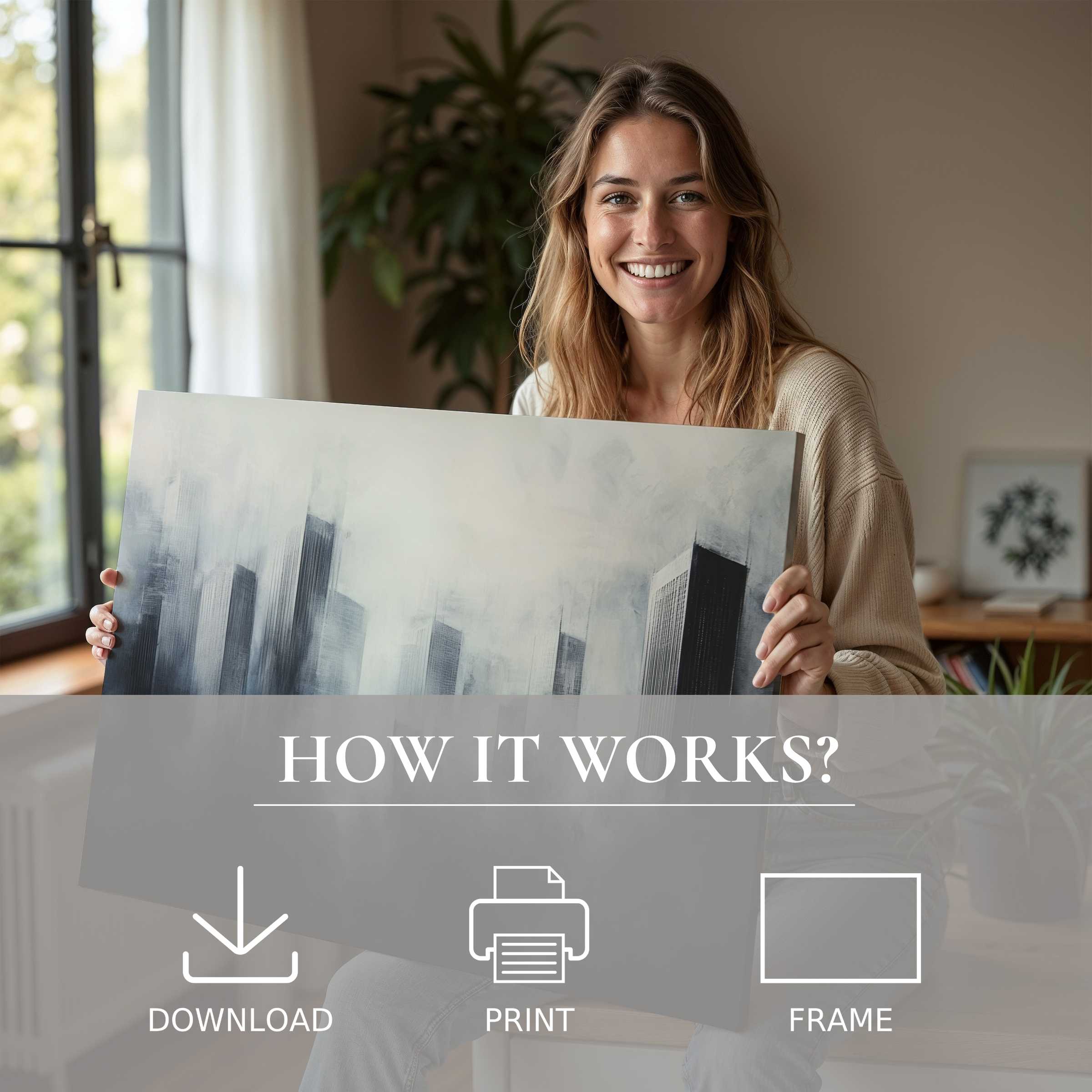 Woman radiates joy in a modern home, embracing the serene beauty of an urban digital art print with ease and style