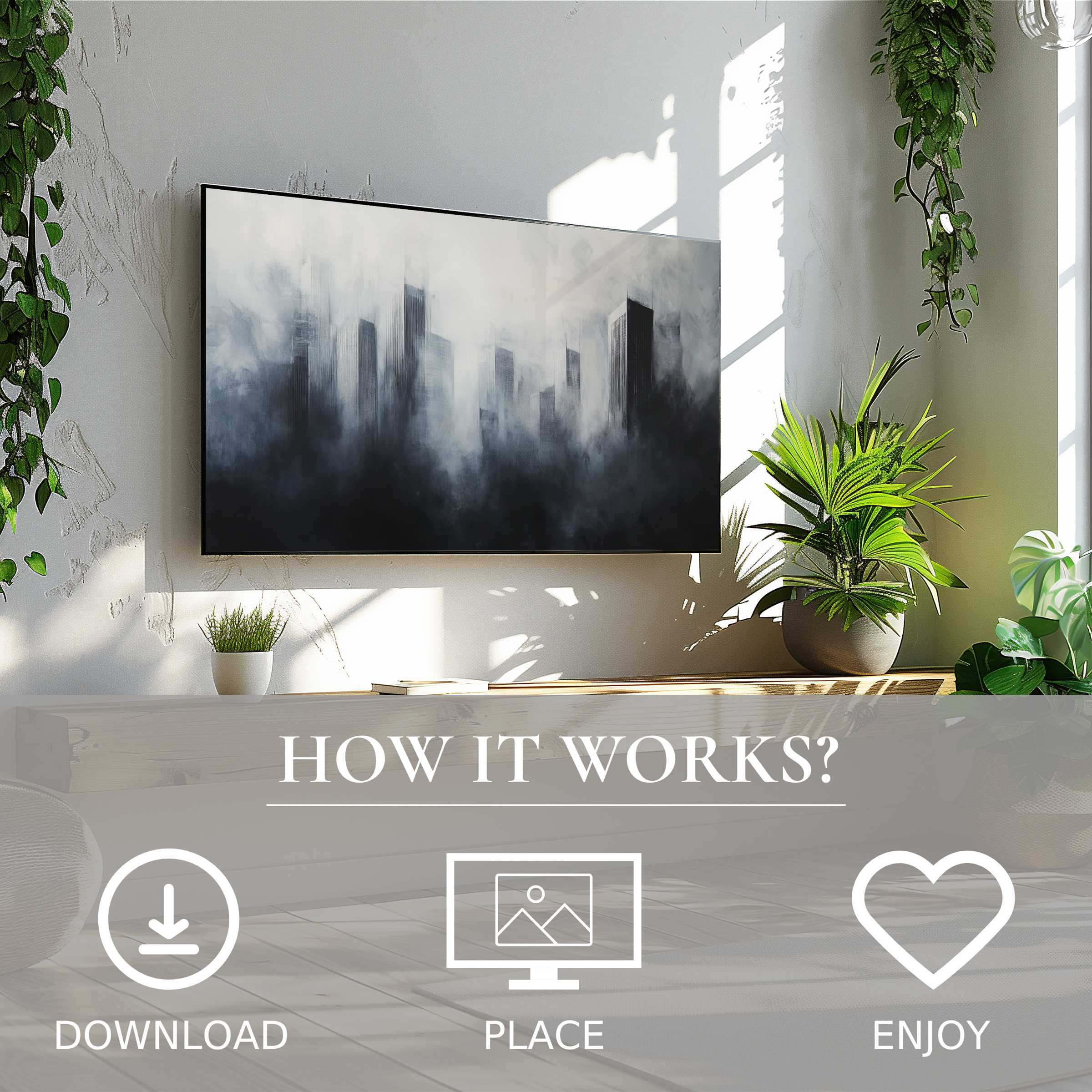 Urban art for Samsung TV shows misty cityscape motif, easy digital download enriches minimalist living space with style