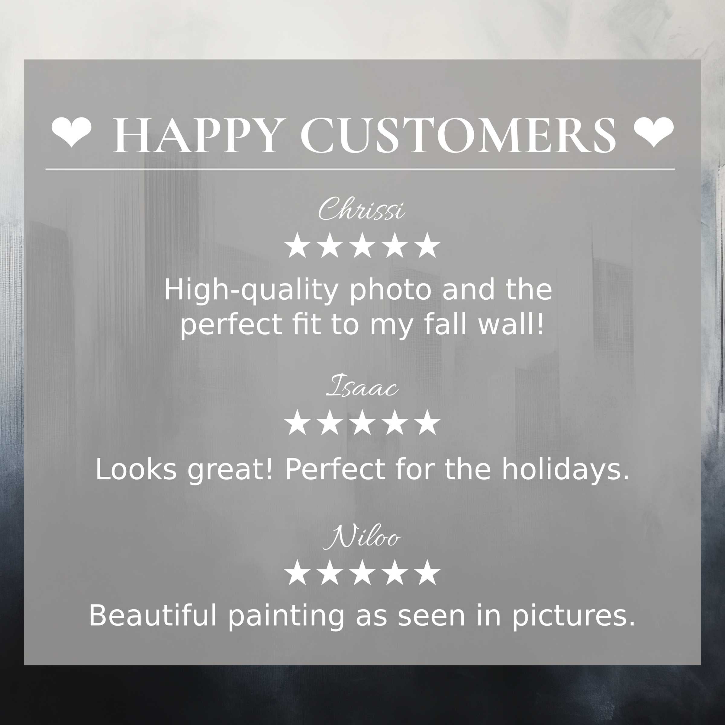 Urban art for Frame TV with misty gray cityscape backdrop; happy customer reviews inspire trust and elegance