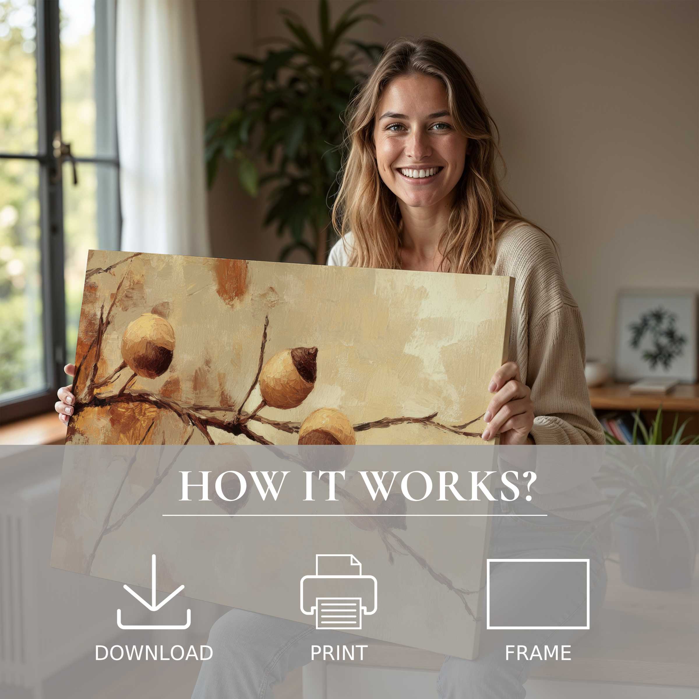 Radiant woman embraces a warm tree digital art print, embodying the joyful ease of elevating modern spaces with timeless nature-inspired elegance