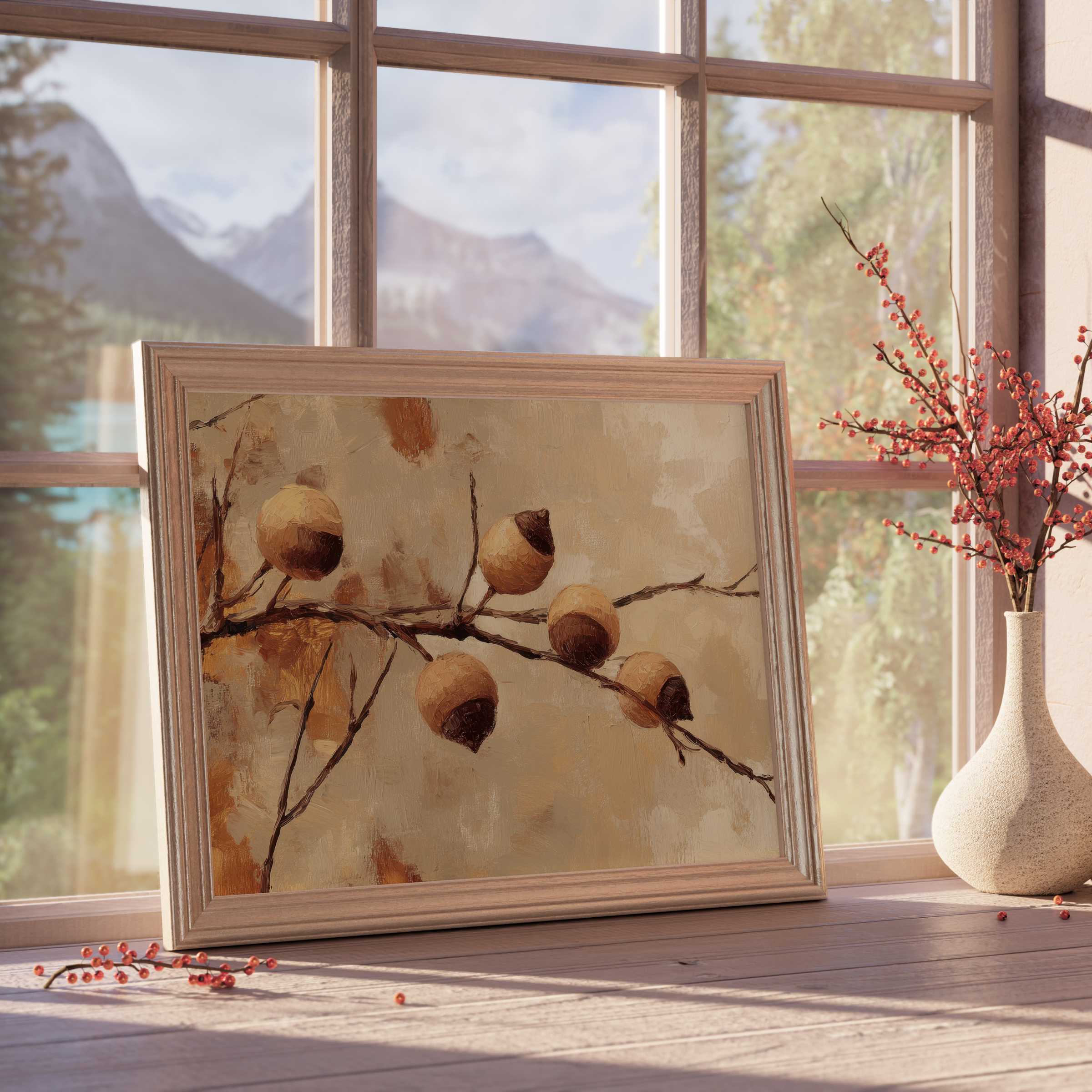 Elegant tree downloadable art featuring warm acorns on textured branches, perfect for curated, tranquil, design-forward interiors
