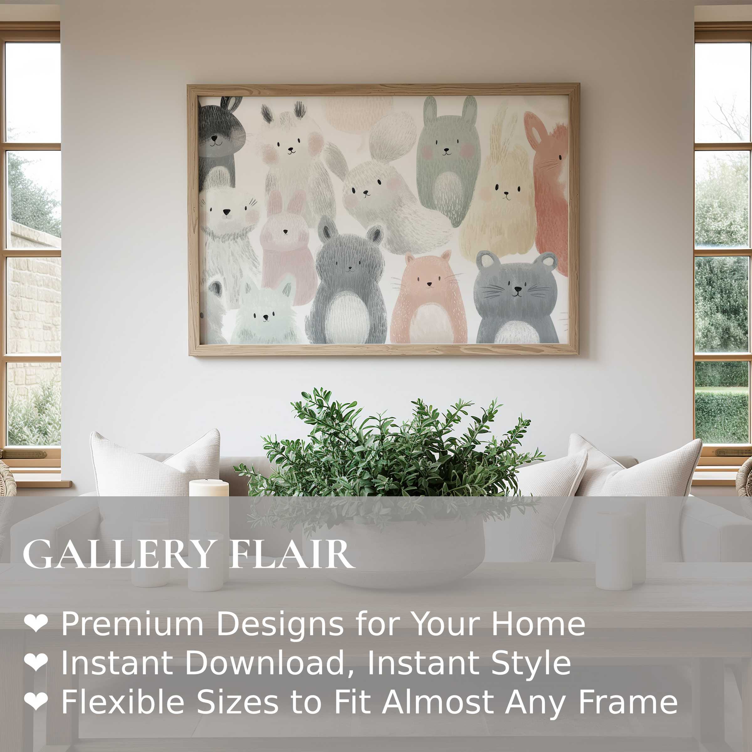 Soft pastel nursery wall art print featuring whimsical woodland animals, enhancing modern, serene baby rooms with gentle charm