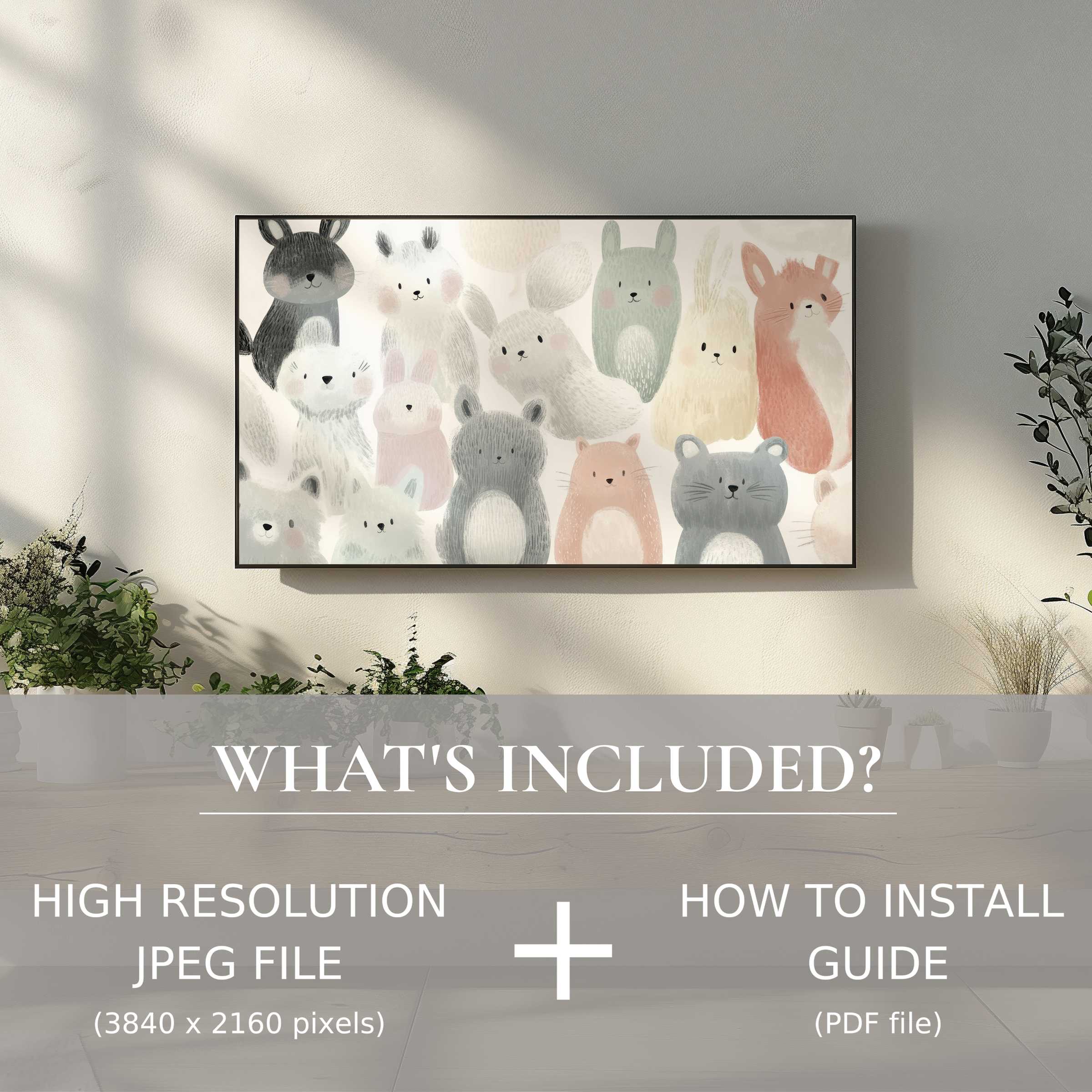 Stylish nursery digital TV art download with charming animals, easy digital use, elevates modern tranquil living spaces