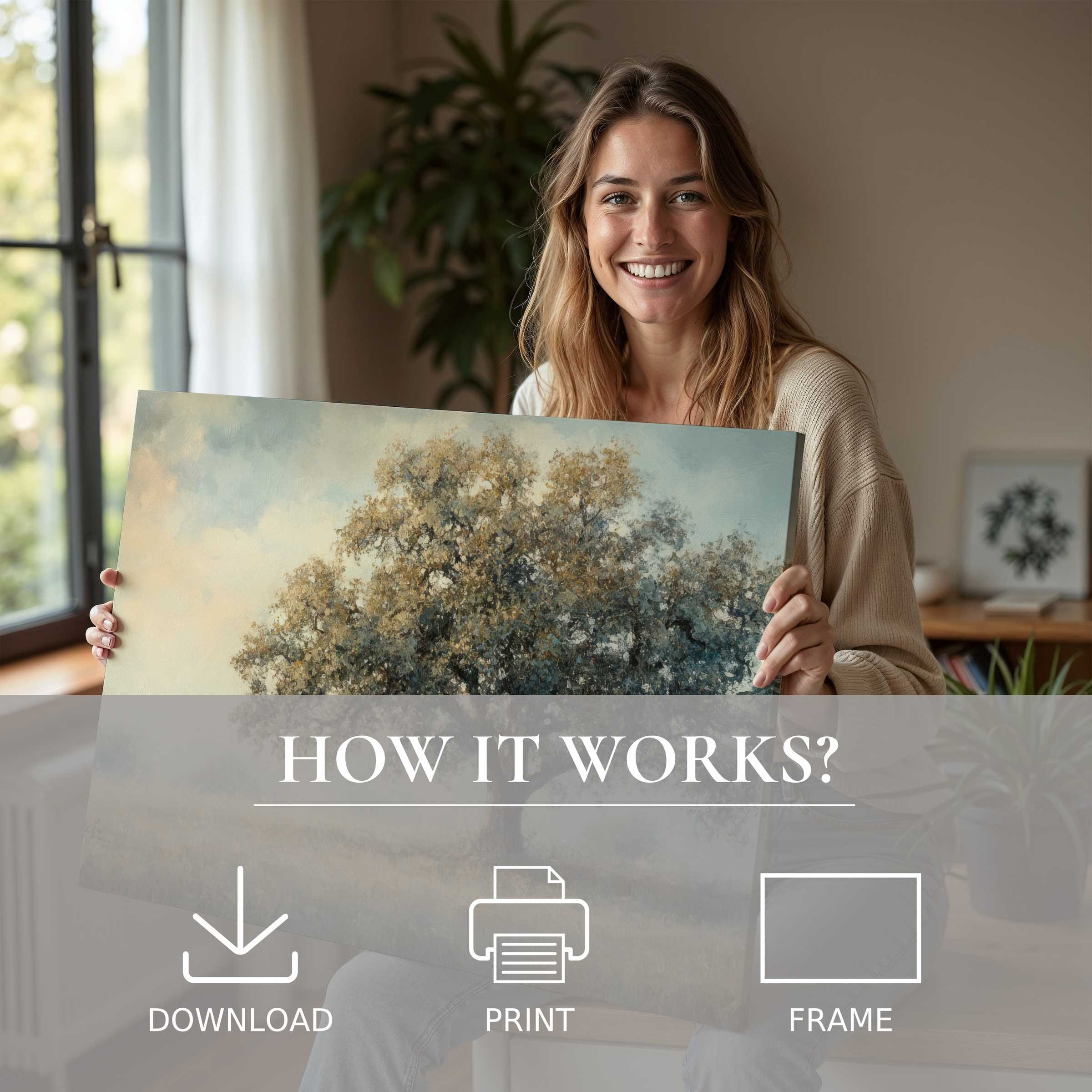 Radiant joy and timeless serenity embrace as vintage digital art print transforms a modern living space with effortless elegance