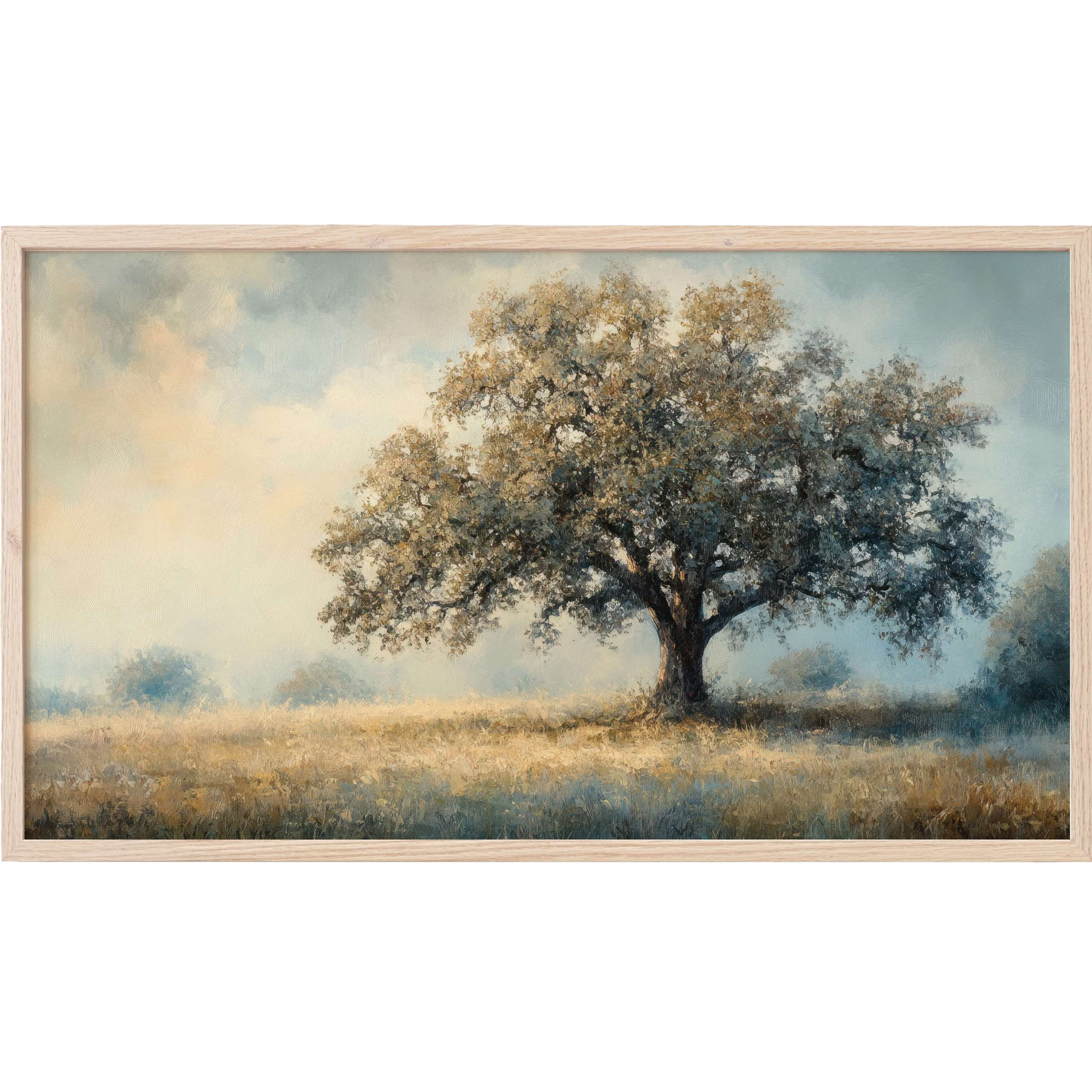 Serene oak tree in muted blues and golds, textured brushstrokes create calming vintage Frame TV Art
