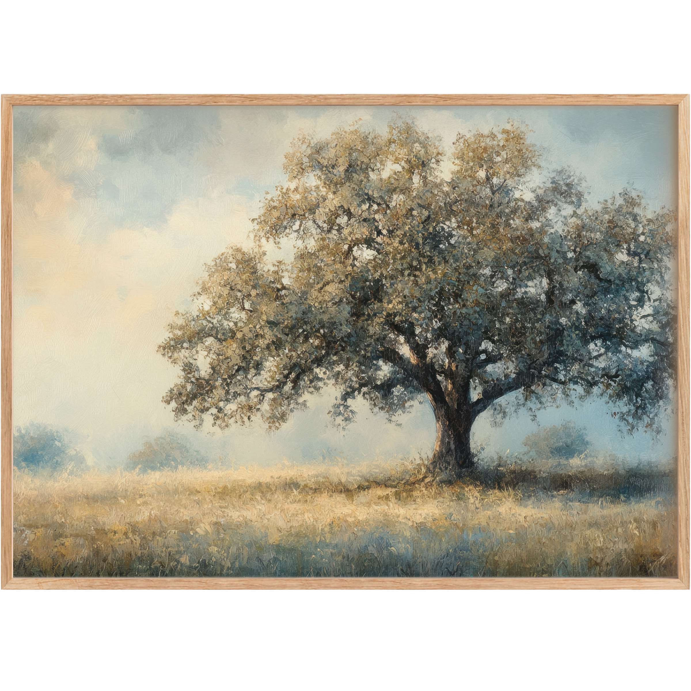 Vintage printable wall art featuring a majestic tree in muted golds and blues, evoking a serene, timeless tranquility