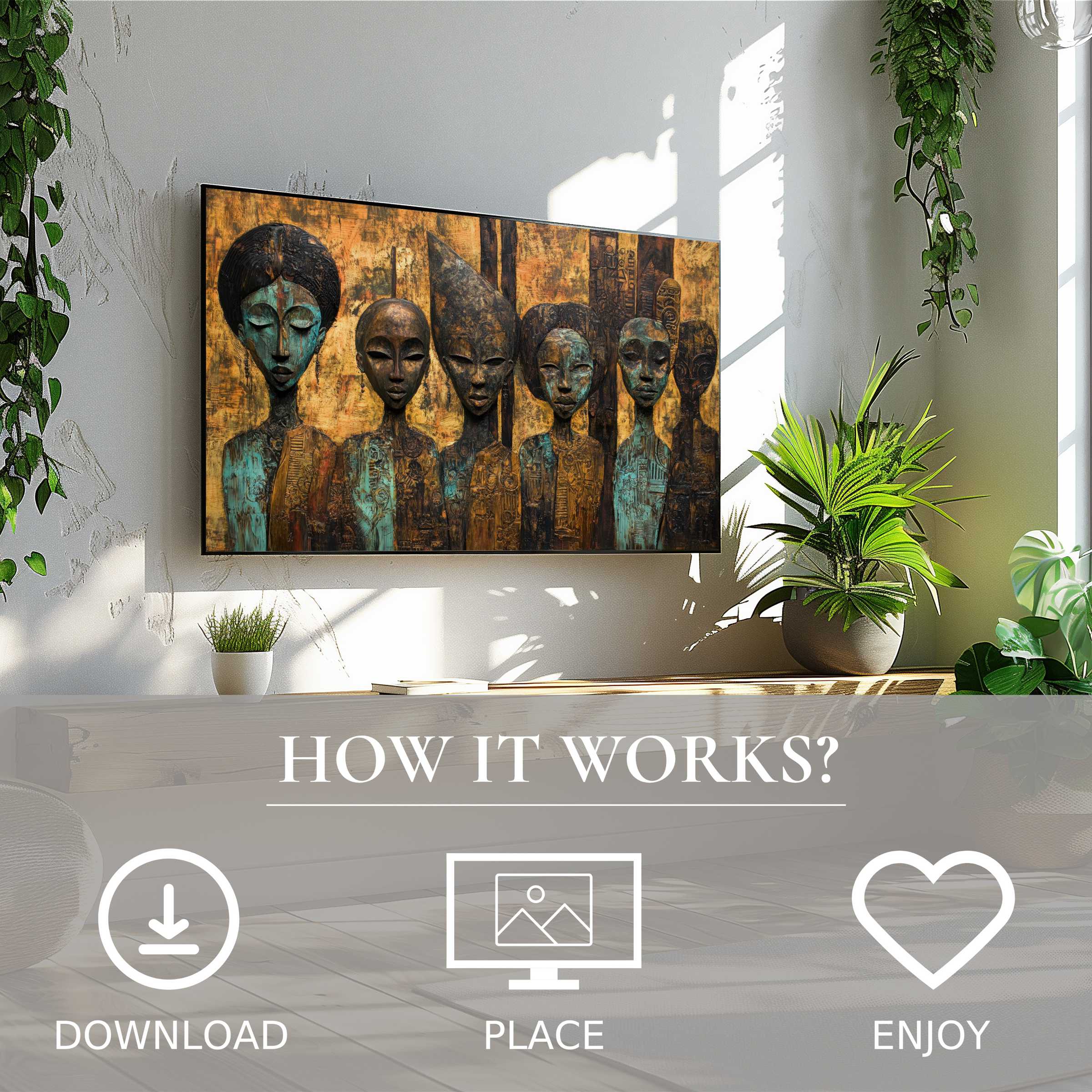Boho art for Samsung TV with earthy tones and tribal motifs elevates any room - easy digital download, instant style boost