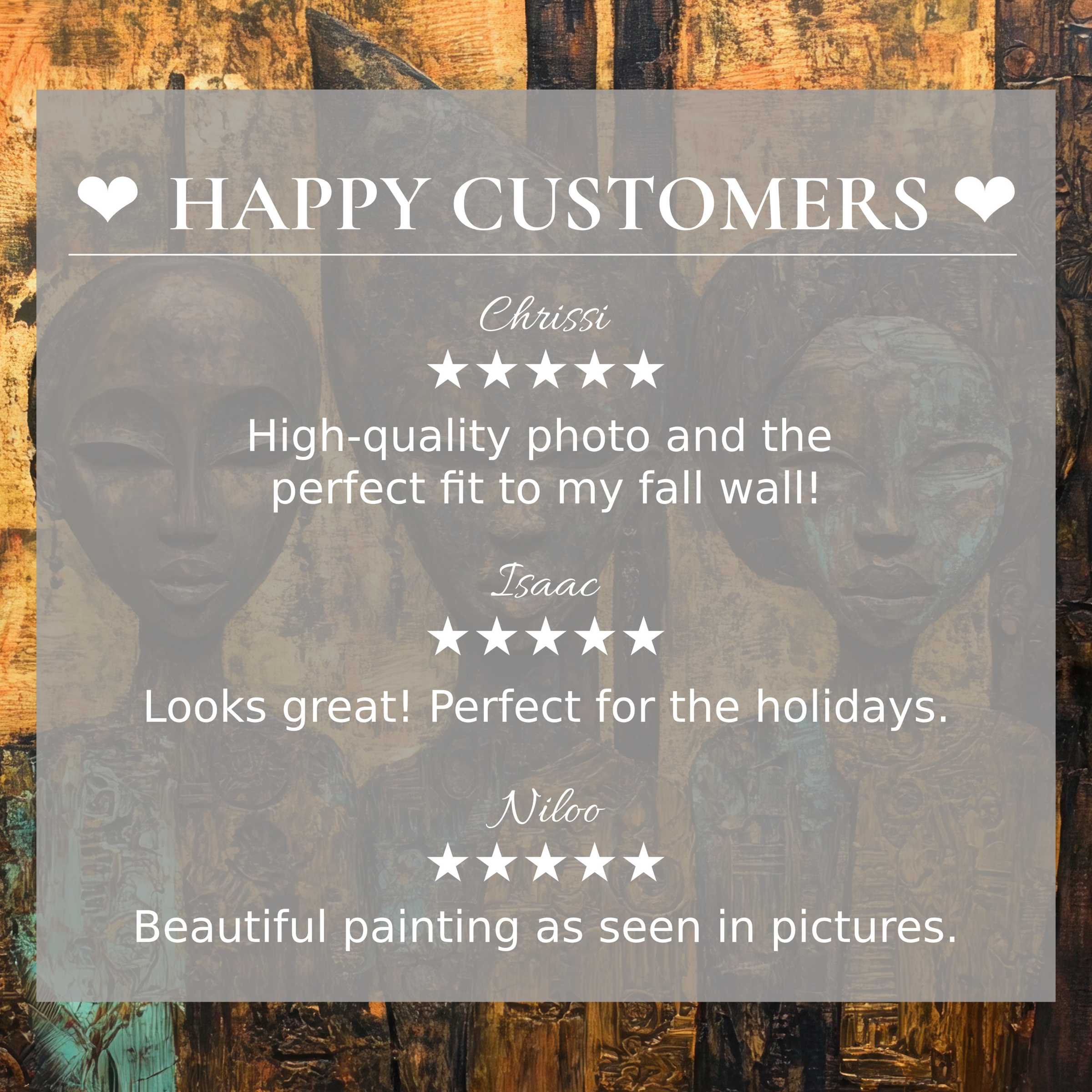Boho art for Frame TV with abstract sunset hues, showcasing happy customer reviews and refined, elegant style