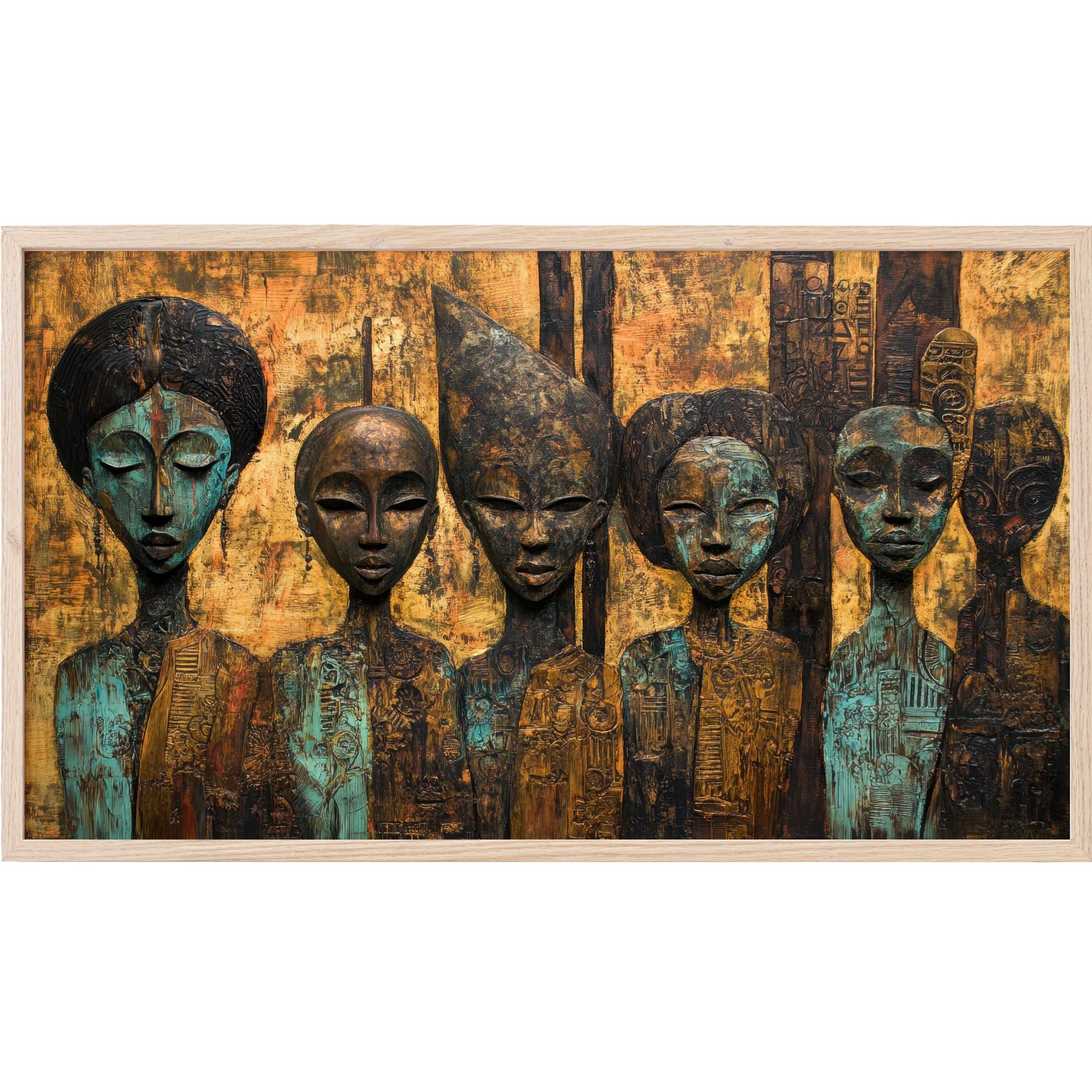Boho Frame TV Art featuring textured abstract figures in earthy bronze and teal tones with a warm, rustic finish