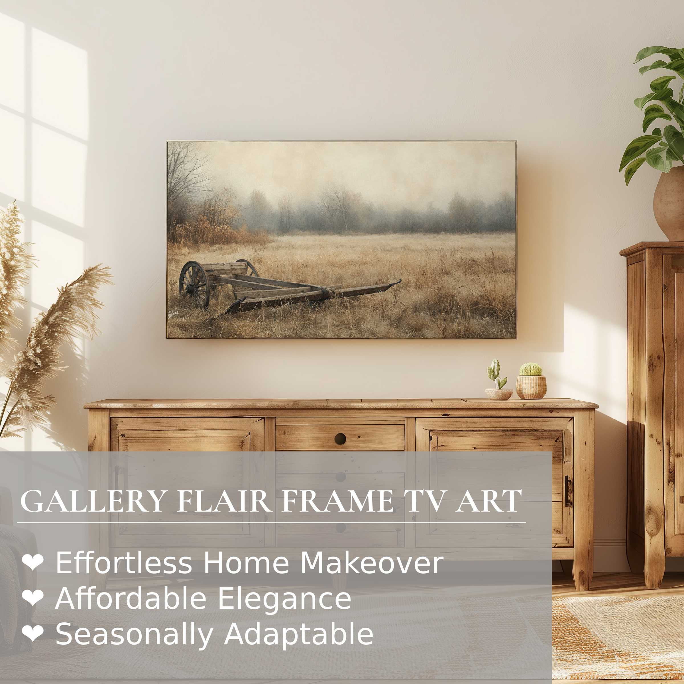 Samsung Frame TV displays serene farmhouse digital artwork, blending rustic charm with modern elegance in a warm setting