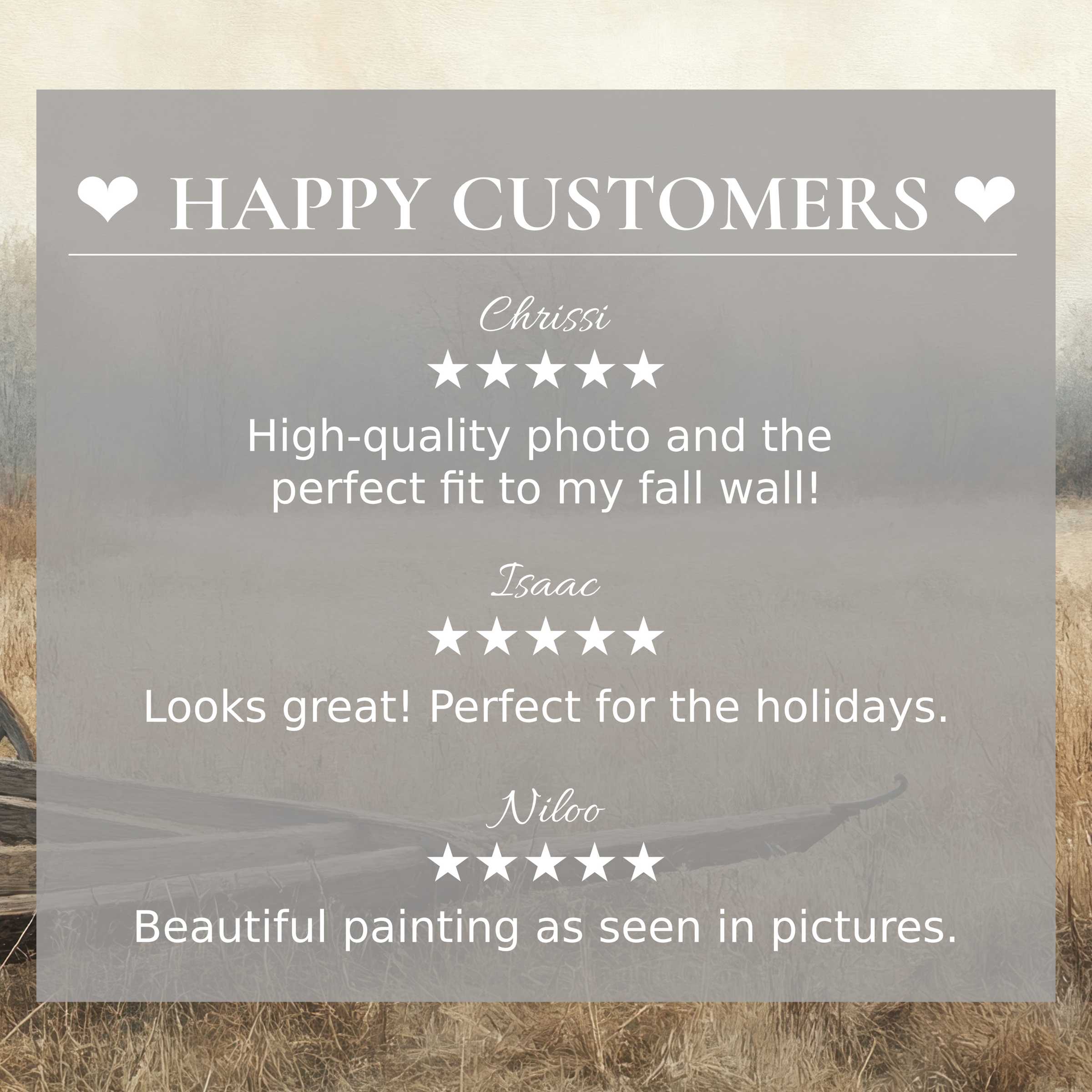Farmhouse art for Frame TV with soft misty field tones, showcasing happy customer reviews and refined elegance