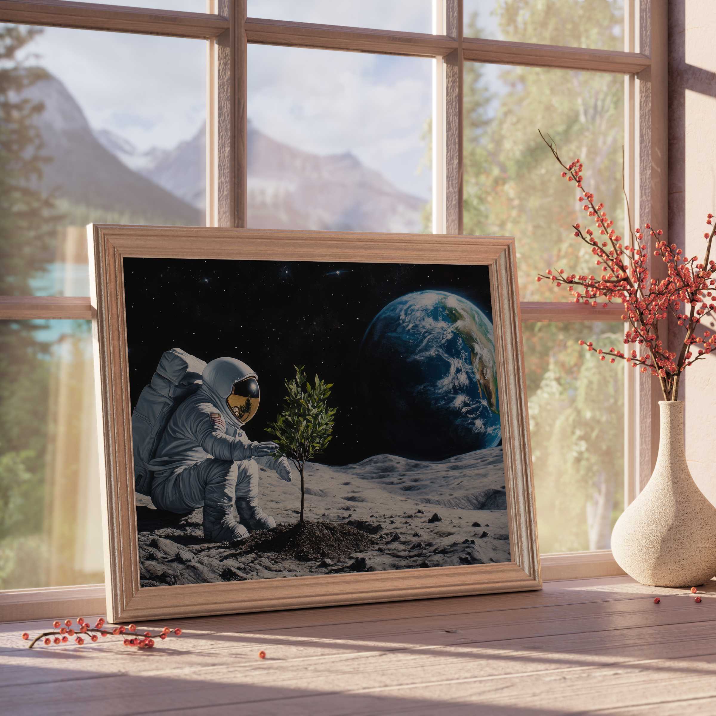 Cosmic street art downloadable art blending serene lunar landscapes with vibrant growth, perfect for tranquil, design-forward interiors