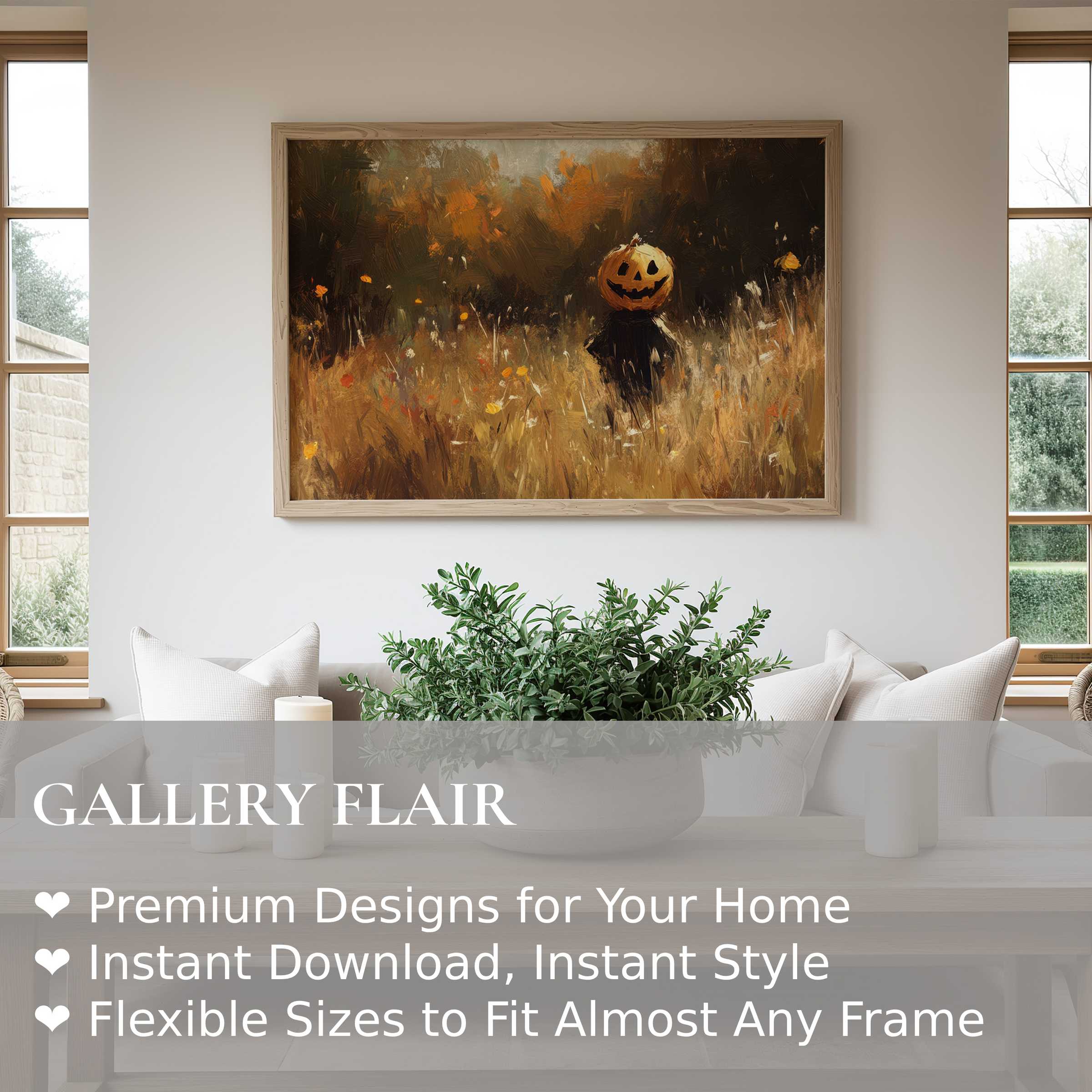 Halloween wall art print featuring a radiant autumnal scene with a whimsical pumpkin-headed figure, enriching modern rustic interiors with bold, warm seasonal charm