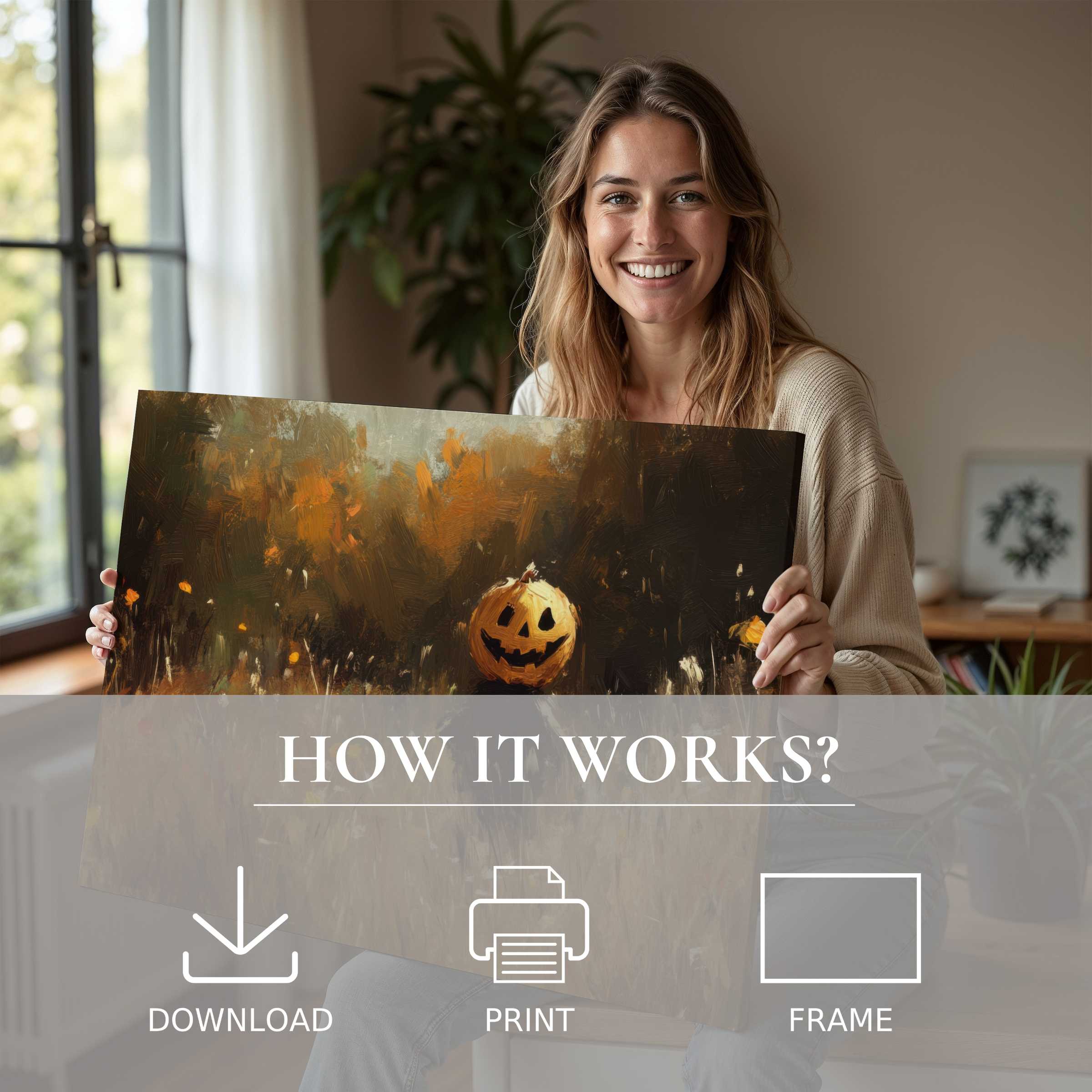 A serene moment in a stylish home where a warm Halloween digital art print radiates seasonal joy and elegant ease