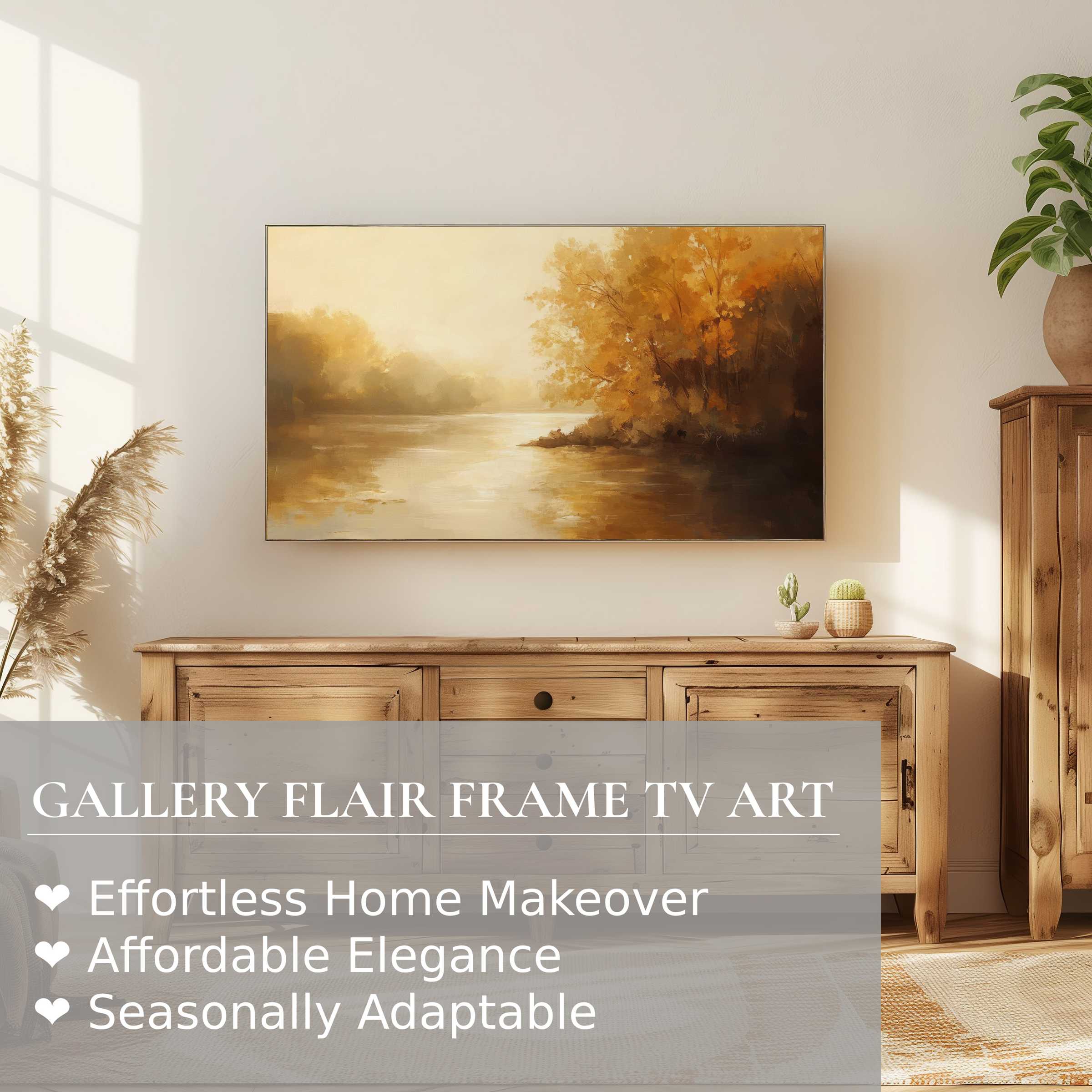 Samsung Frame TV displays warm, autumnal landscape digital artwork in a serene, elegant home setting