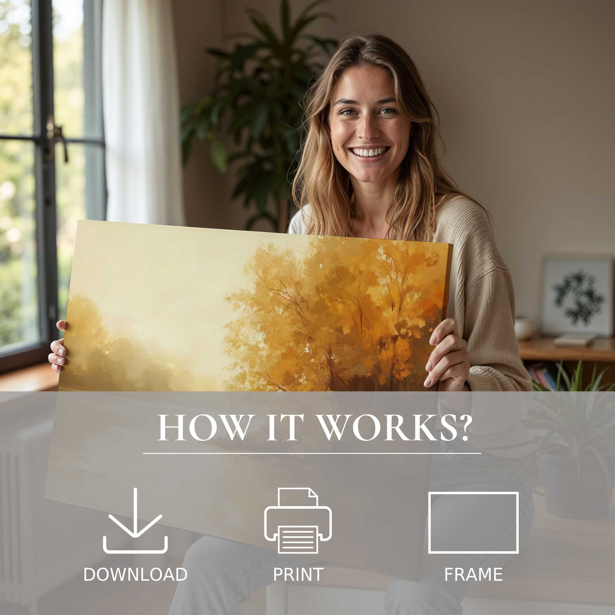 Joyful woman in a serene modern home reveals a landscape digital art print, blending warmth with effortless elegance