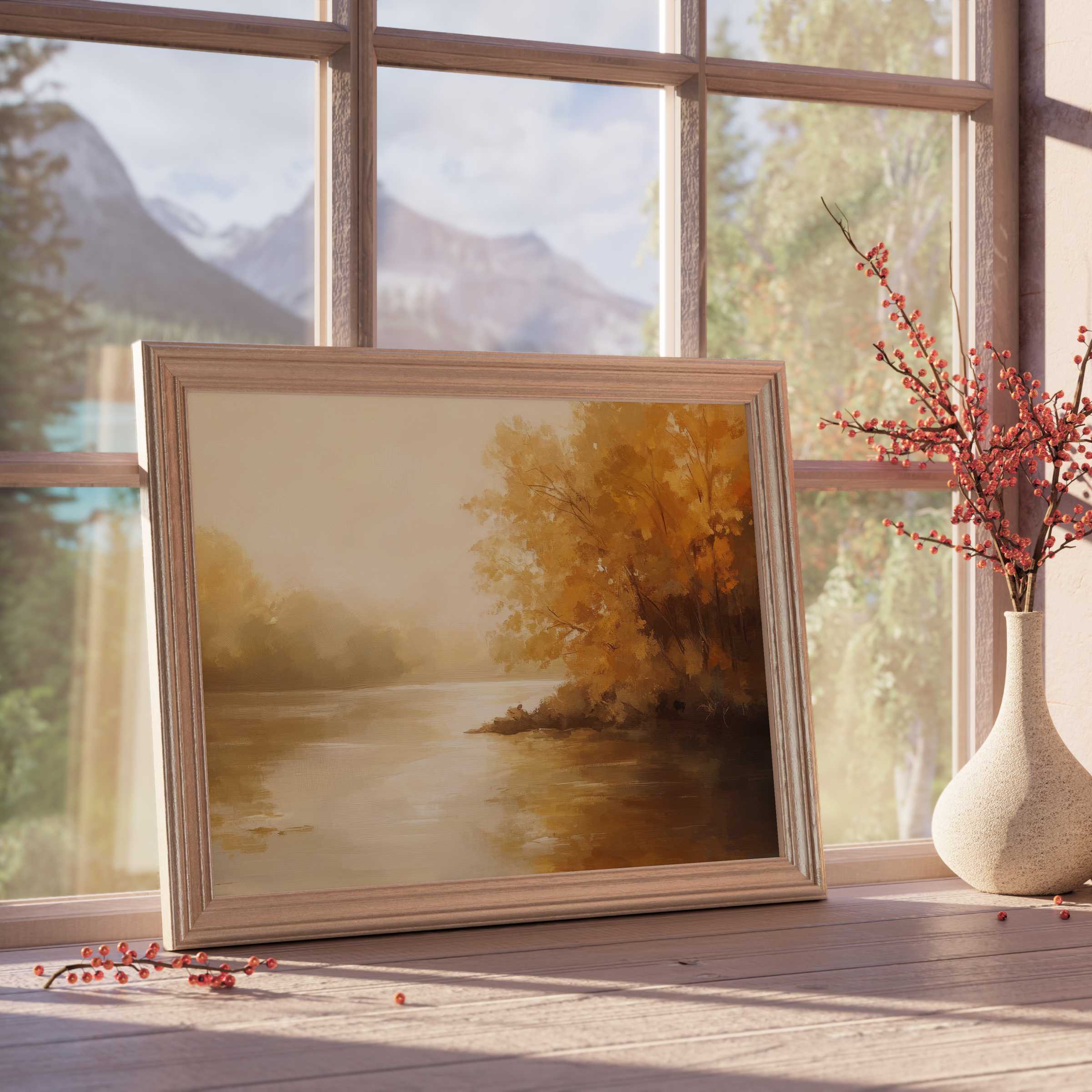 Serene landscape downloadable art with warm autumnal hues, elevating tranquil, curated interiors with timeless rustic elegance