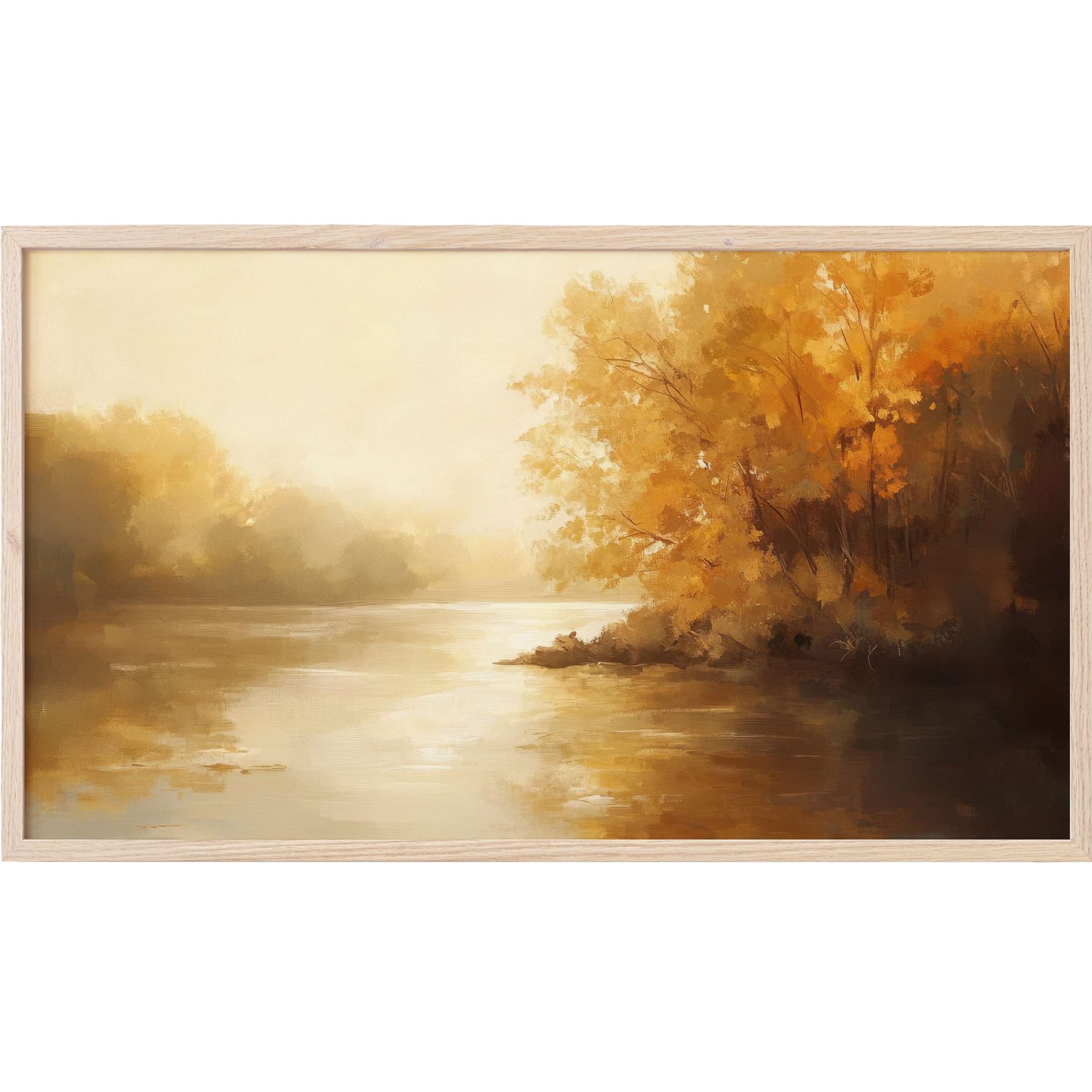 Serene autumn river scene in warm ochres and browns with soft brushstrokes, perfect landscape Frame TV Art